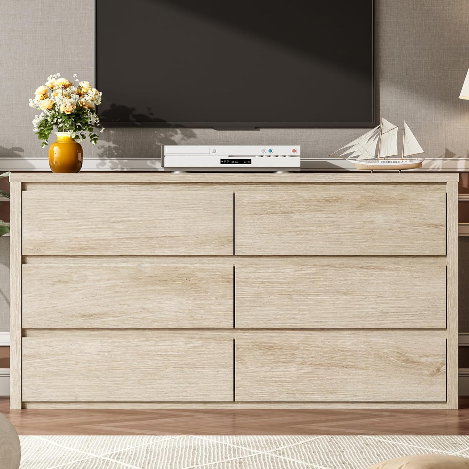 GarveeHome 6 Drawer Dresser for Bedroom, Wide Wood Chest of Drawers Handle Free, Large Modern Dresser Storage Cabinet for Living Room, Hallway Entryway
