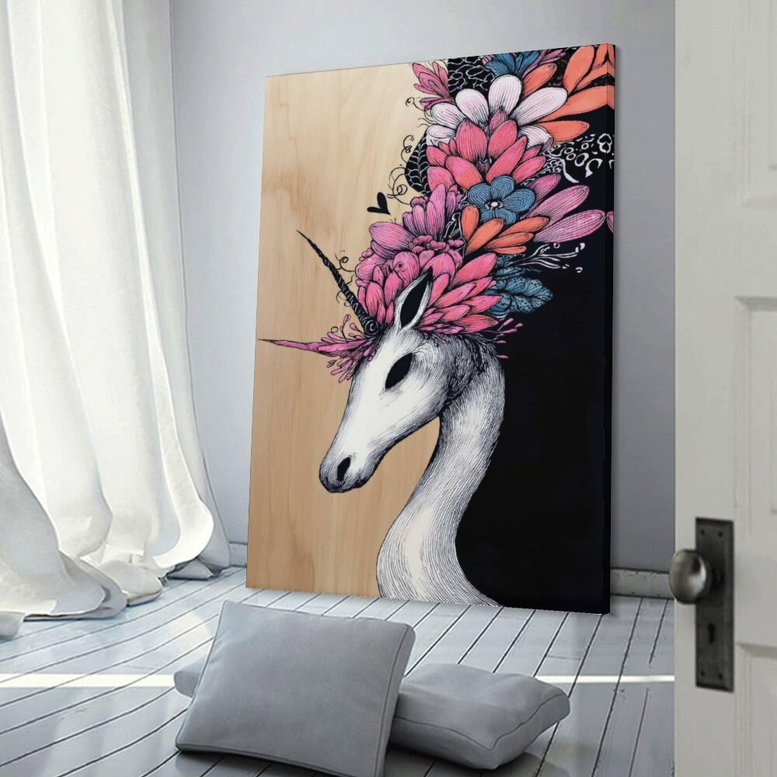Junmoney Frame-Style-11-1 Floral Unicorn Art Canvas Wall Decor, 24X36inch(60X90cm), For Gallery Wall Decor And Room Displays, Wall Decor Suited To Curated Displays