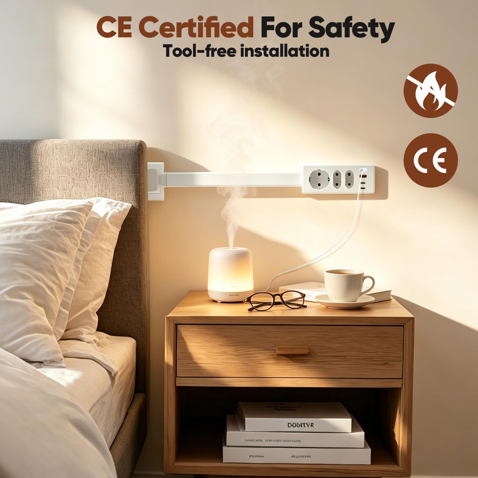 Regleta Extensible Pared de 47-67 cm, Enchufe Alargador Extensible y Giratorio 360°, Regleta Múltiple con 3 Tomas AC + 2 USB-A + 2 USB-C, para Cocina, Escritorio, Viajes, Camping