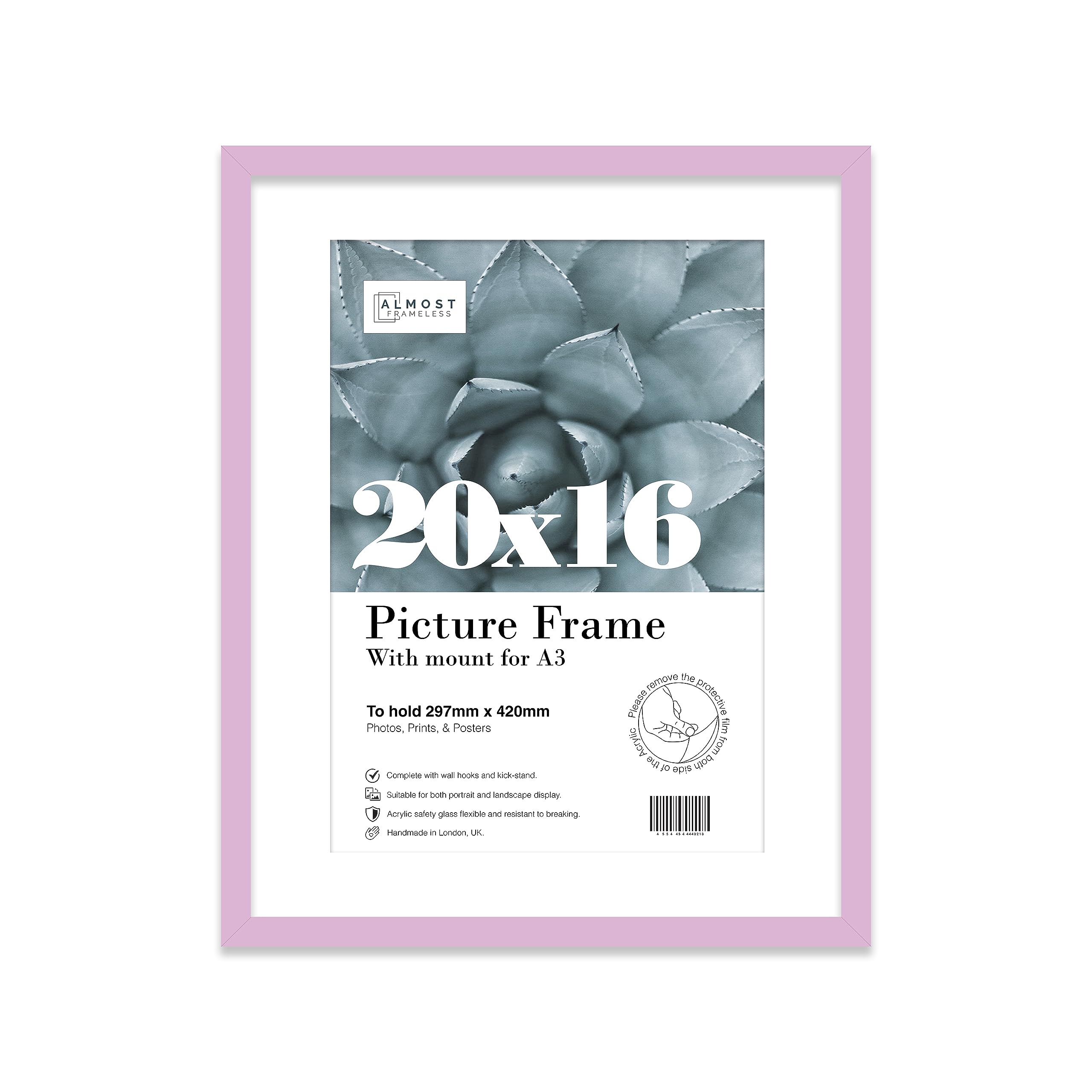 Almost Frameless 20x16 Lilac Picture Frame With Mount for A3 Print, Poster or Photo Poster, Photo, Artwork, or Print. Thin Edge Slim Frame Portrait and Landscape Display with Wall Hooks