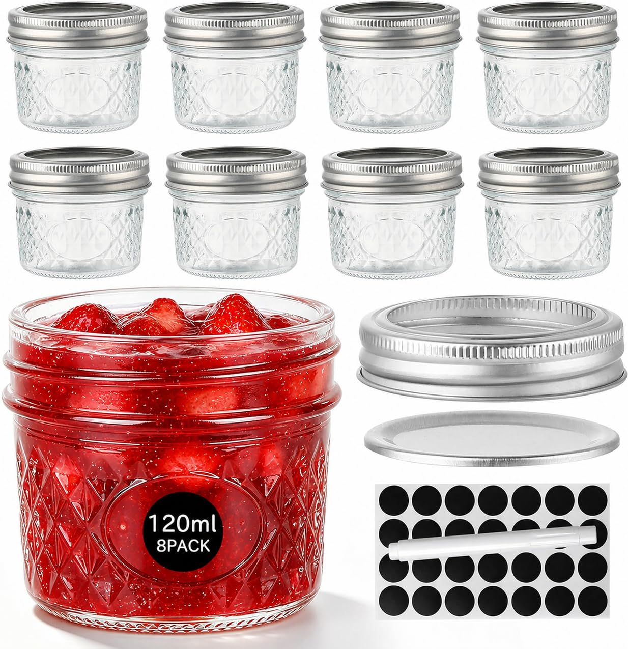 WERTIOO 8 Pack 120ml Mini Mason Jars with Lids - Airtight Regular Mouth Glass Jars with Silver Metal Lid, Includes Round Sticker Labels and Marker Pen for Pickling, Jam, Honey, Food Storage