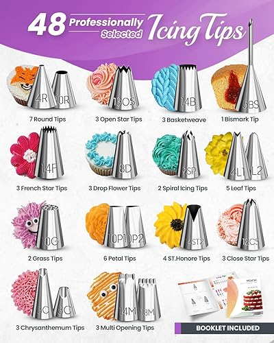 Miniatura 3 de RFAQK Juego de 74 bolsas de glaseado y puntas, kit de decoración de pasteles con 48 puntas de tuberías numeradas, 20+1 bolsas de pastelería para