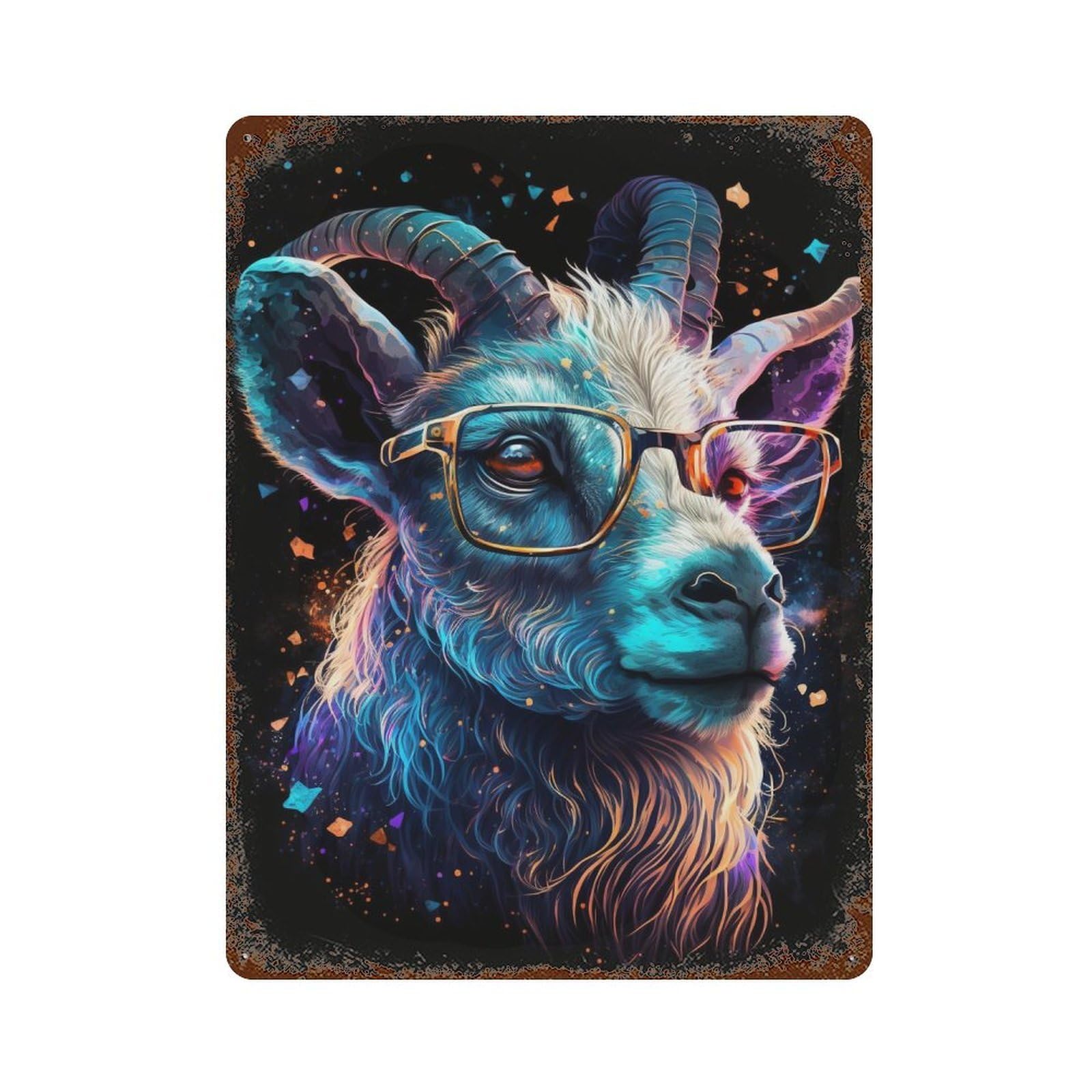Garage Style Neon Goat with Glasses Rusty Metal Tin Sign 15.7"x11.8", Classic Wall Plaque for Bar And Workshop