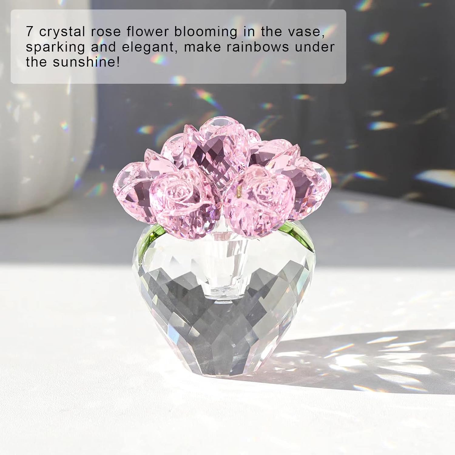 LONGWIN Crystal Rose Flower Figurines Collectible Glass Spring Bouquet with Vase Home Decor Romantic Gifts for Women Pink - Image 3