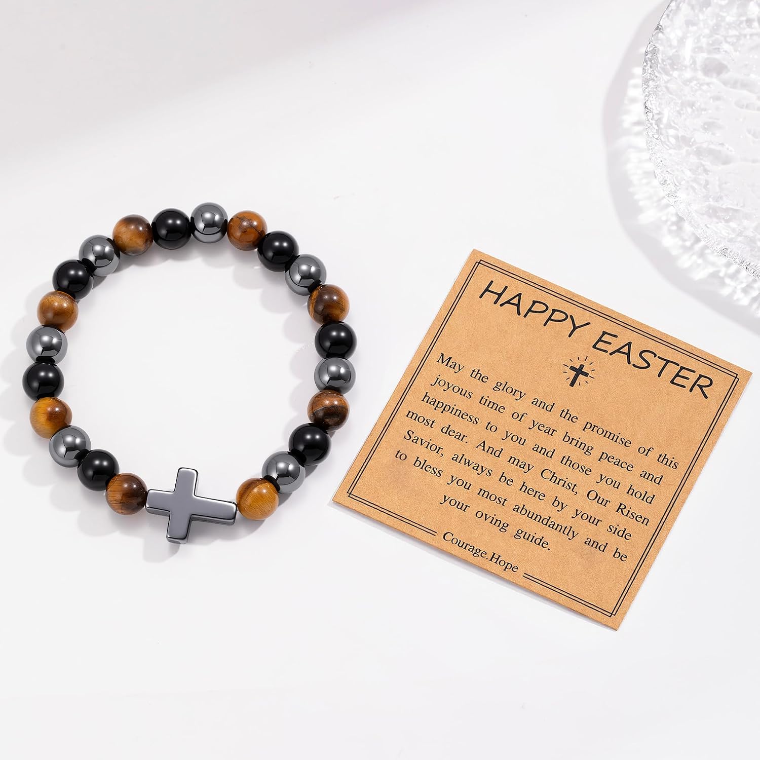 Cross Bracelet for Men Tigers Eye Beaded Bracelets Crystal Stone Bracelets for Women Triple Protection Healing Jesus Bracelet Christian Gifts for Men