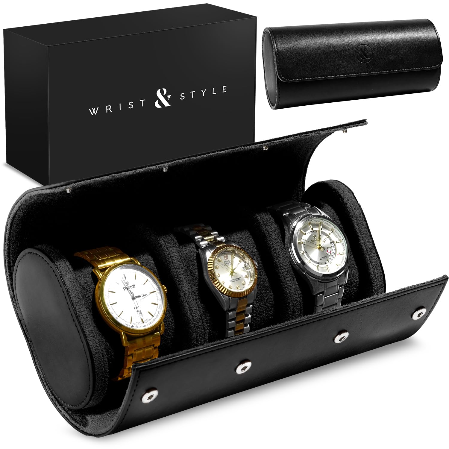 W&S - Estuche de viaje para relojes para hombres y mujeres con organizador de almacenamiento de 3 relojes, almacenamiento seguro con innovadoras almohadas extraíbles y separadores sólidos para