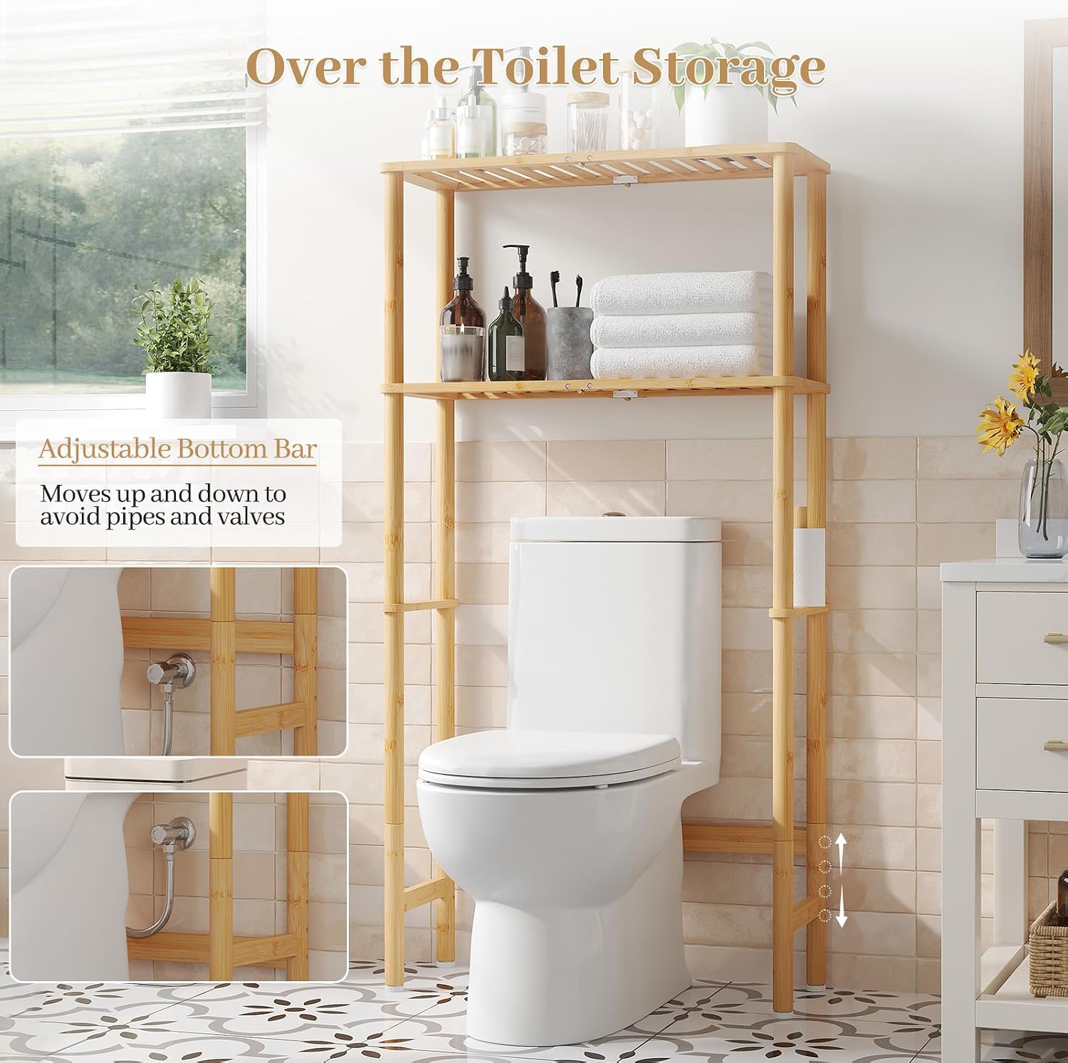 Over The Toilet Storage, Freestanding 2-Tier Bamboo Bathroom Shelves, Above Toilet Organizer for Home Washroom, Bathroom Decor (Natural)