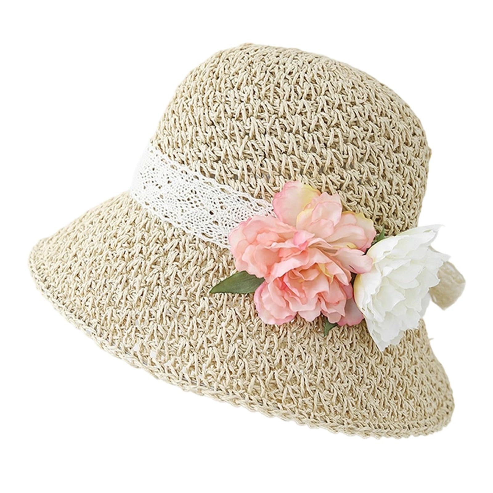 Sombrero de paja for mujer con flores artificiales, gorra sol ala ancha, sombrero bombín moda for verano, playa, viajes al aire libre para Hombres y Mujeres