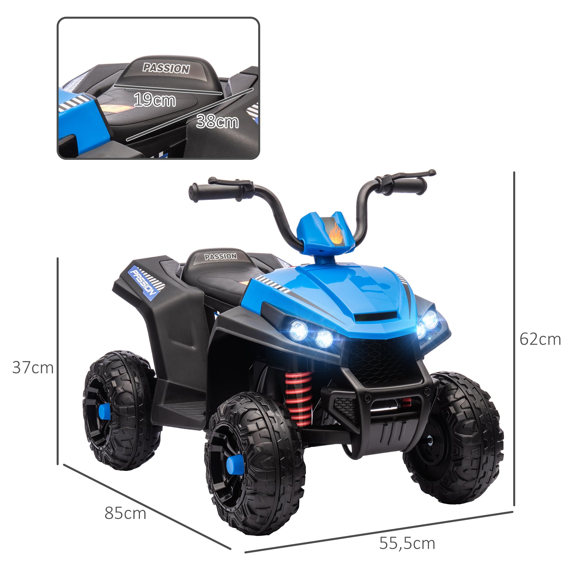 AIYAPLAY Quad elettrico per bambini, 12 V, con sospensioni a 4 ruote, lettore musicale MP3, veicolo per bambini con fari, marcia avanti e indietro, per bambini da 3 a 5 anni, 5 km/h, metallo, blu