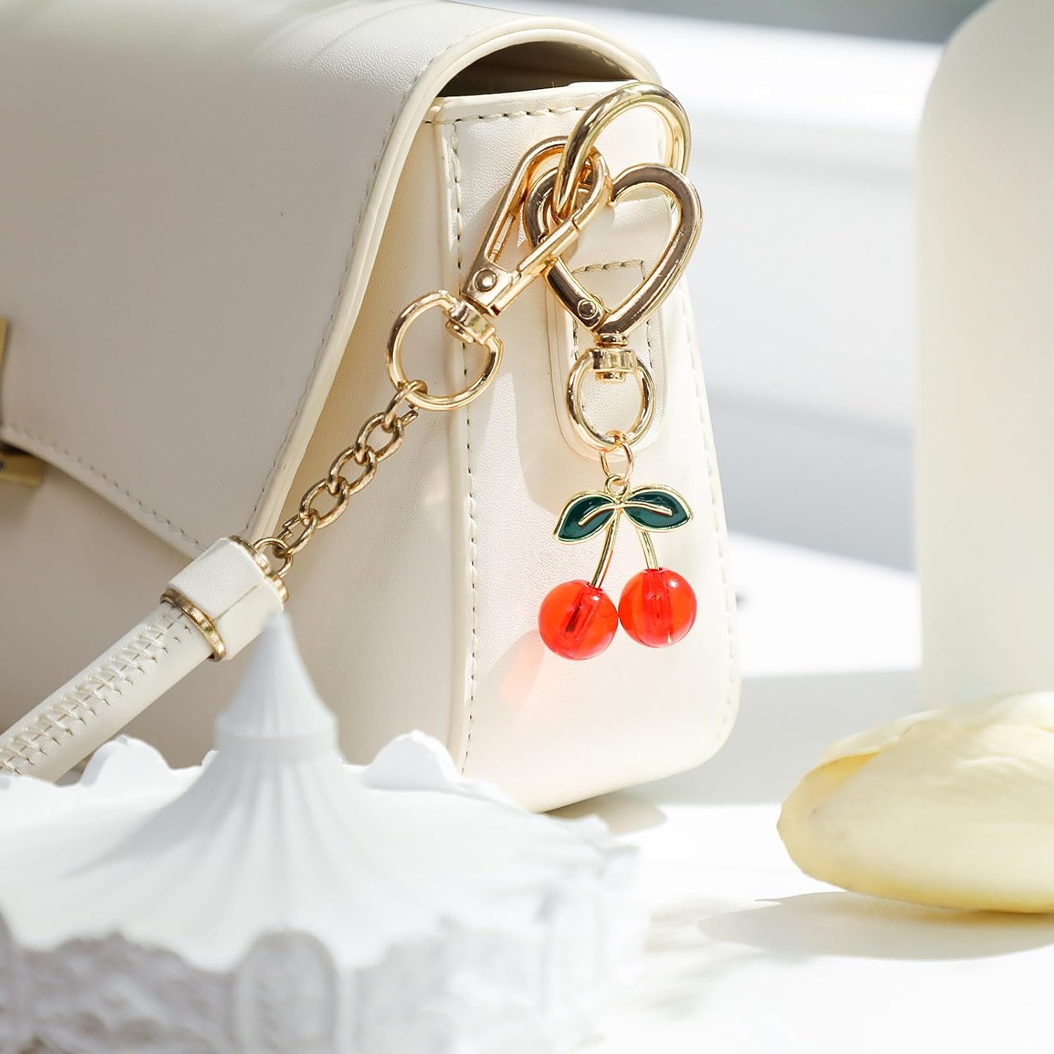 Equsion 12 Pcs Cherry Keychain Bag Purse Charms Handbags Keyrings Gifts for Women Mother Cherry Party Favors Accessories