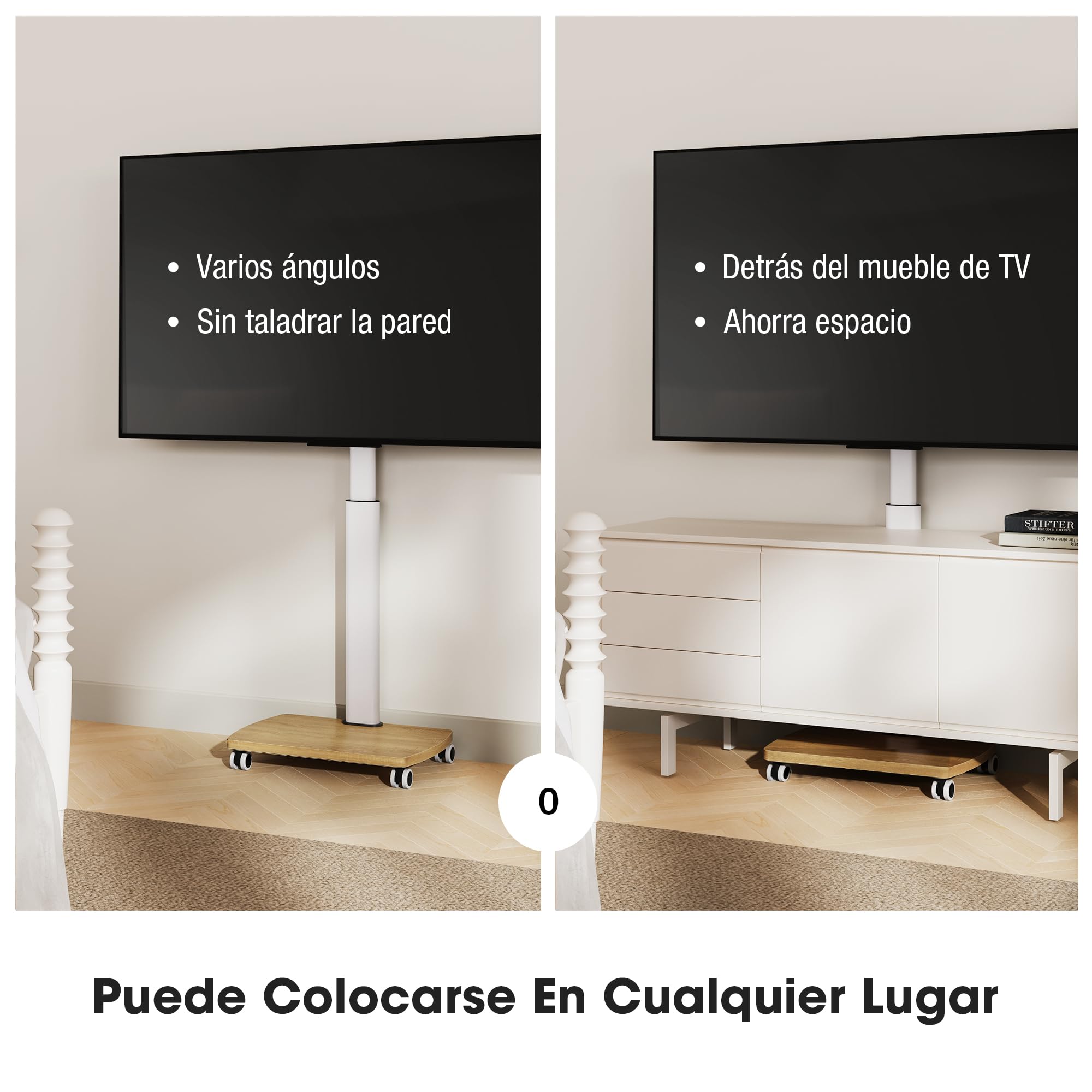 AOKCOS Soporte TV con Ruedas Horizontal y Vertical para 19-42 Pulgadas, Soporte TV Pie con Base de Madera, inclinación Altura Ajustable y Giratorio, hasta 20 kg MAX. VESA 200×200mm Blanco
