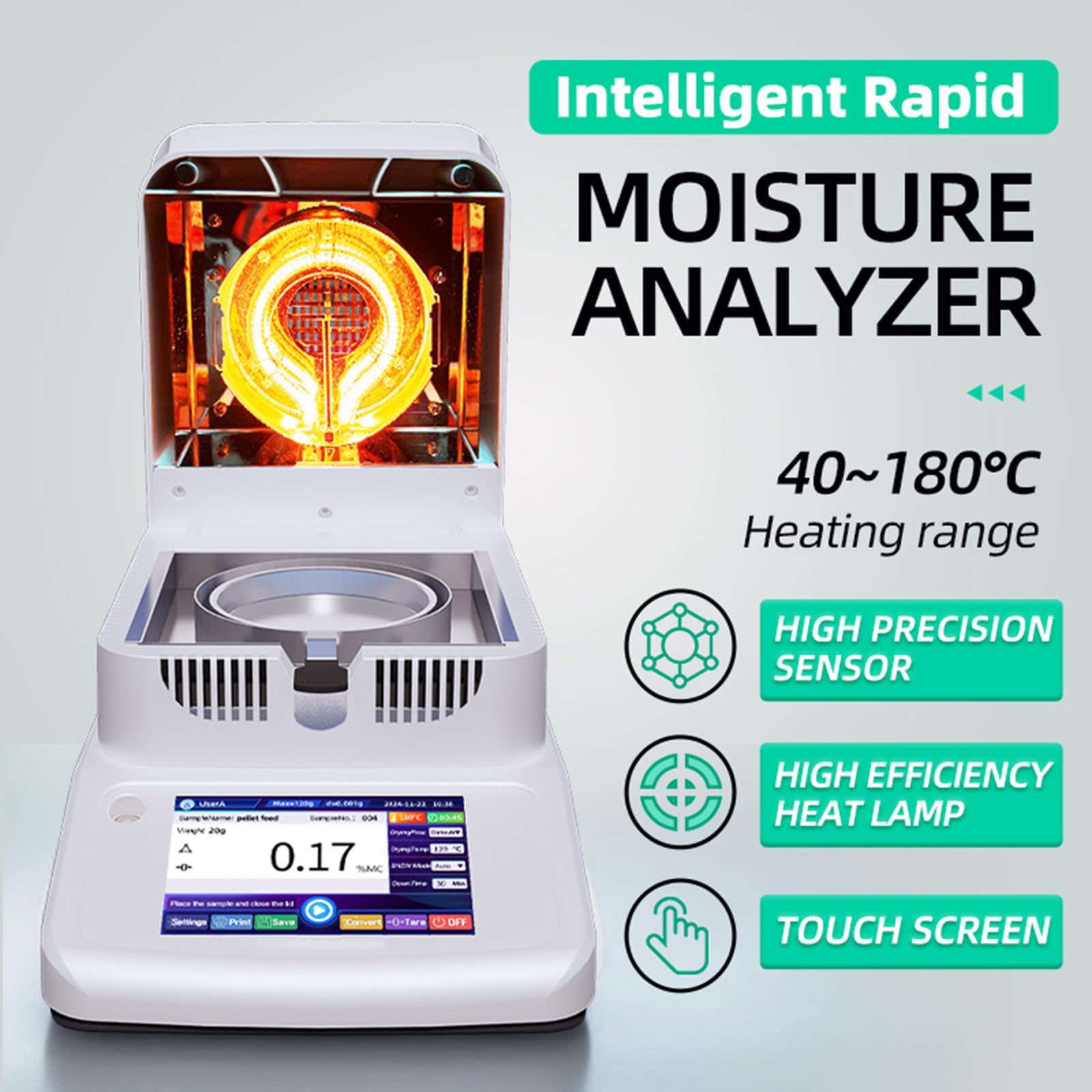 Analizador de humedad, calefacción halógena para pruebas rápidas de humedad, calentamiento de 40 ℃-199 ℃, ajustes de tiempo de 1 a 99 minutos, precisión de 0,002 g para granos, té, cartón