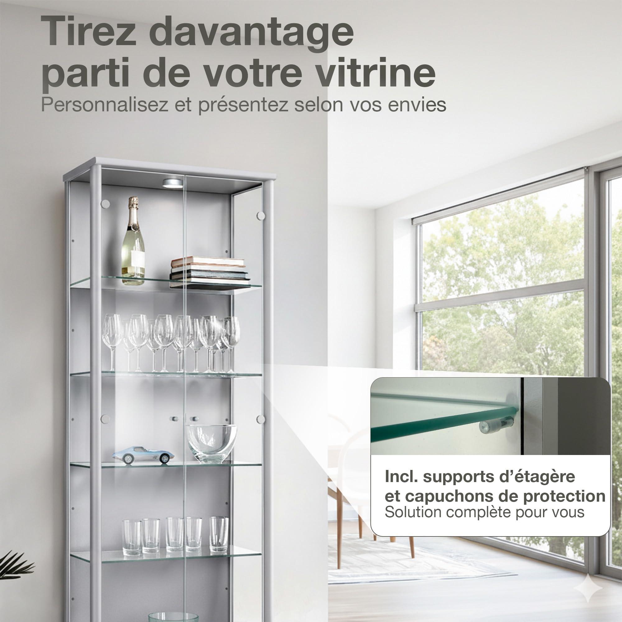 Lot de 4 étagères en Verre 625x236x4 mm Transparentes, avec Supports de 5 mm et Capuchons - Fabriqué en Allemagne - Étagères pour vitrines à 2 Portes - Extension d'étagères en Verre