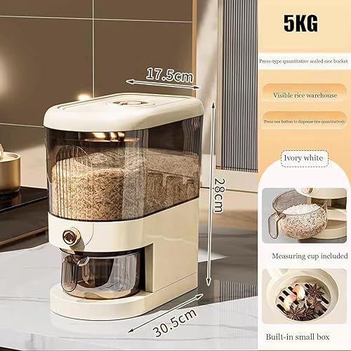 Miniatura 2 de Dispensador de arroz de 11 libras, gran contenedor de almacenamiento de granos con tapa, cilindro de medición para el hogar, dispensador de cereales