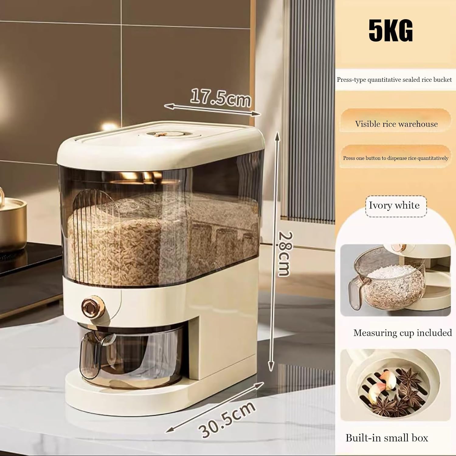 Peaoop Dispensador de arroz de 11 libras, contenedor grande de almacenamiento de granos con tapa, cilindro de medición, dispensador de cereales para el hogar, cubo para cocina, soja y maíz (11 libras)
