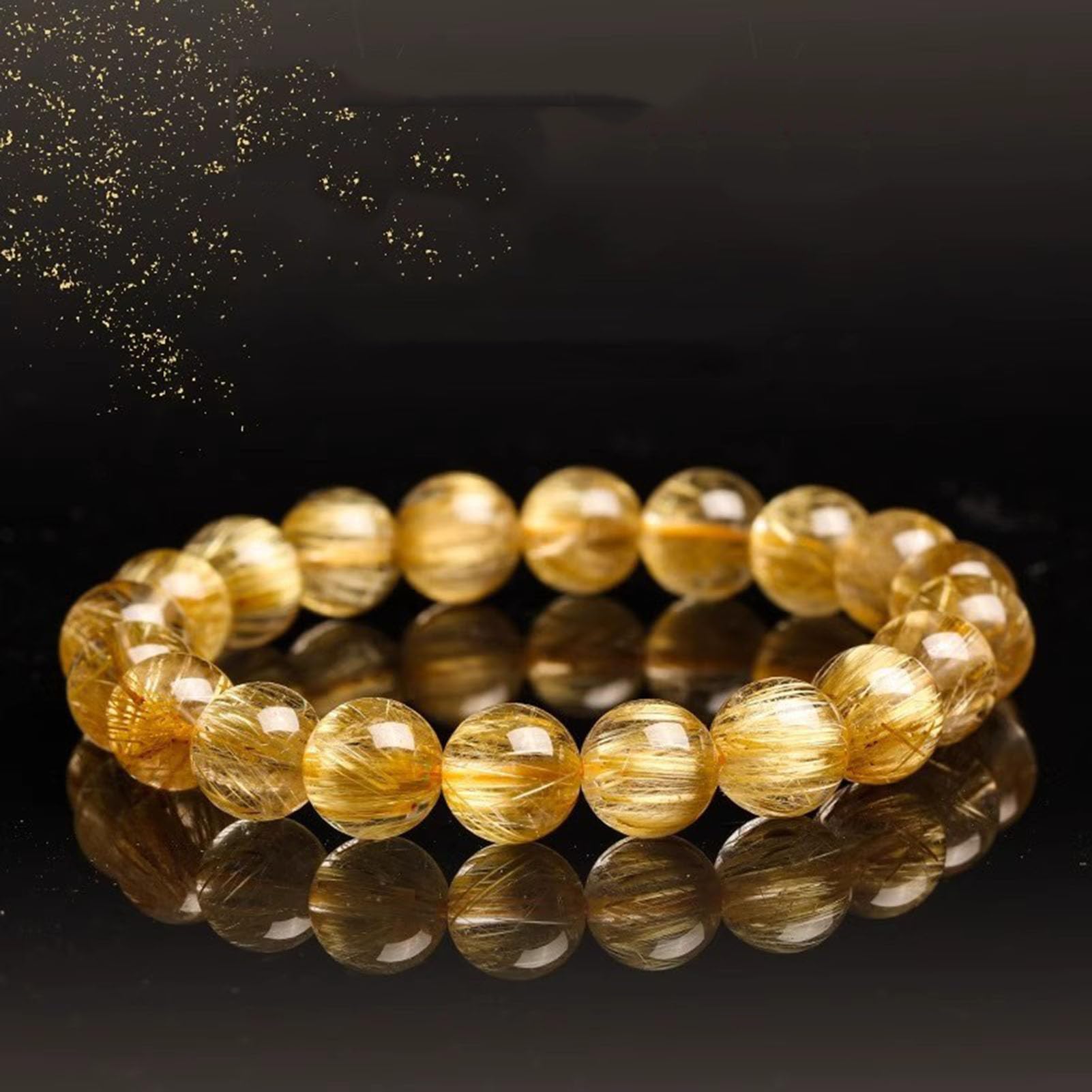 Natürliches Citrin-Gold-Rutilquarz-Armband für Damen und Herren, echte Kristall-Heilperlen, Verstellbarer Stretch-Steinschmuck für Fülle und Positive Energie, Chakra-ausgleichendes,16MM
