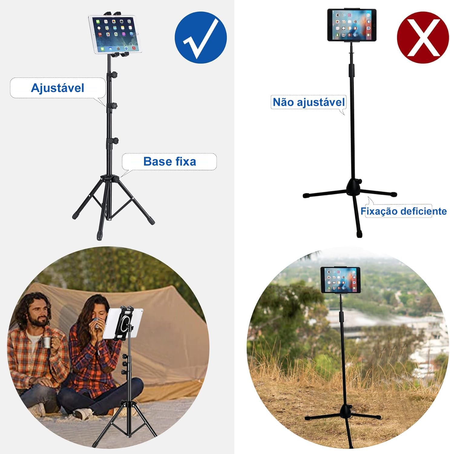Suporte Tripé para Tablet e Celular, Dois Suportes Ajustáveis 360 Graus, Suporte para Tablet Pedestal, 4,7-12,9", Pedestal para Celular, Compatível para Kindle, Ipad e Celular, Preto