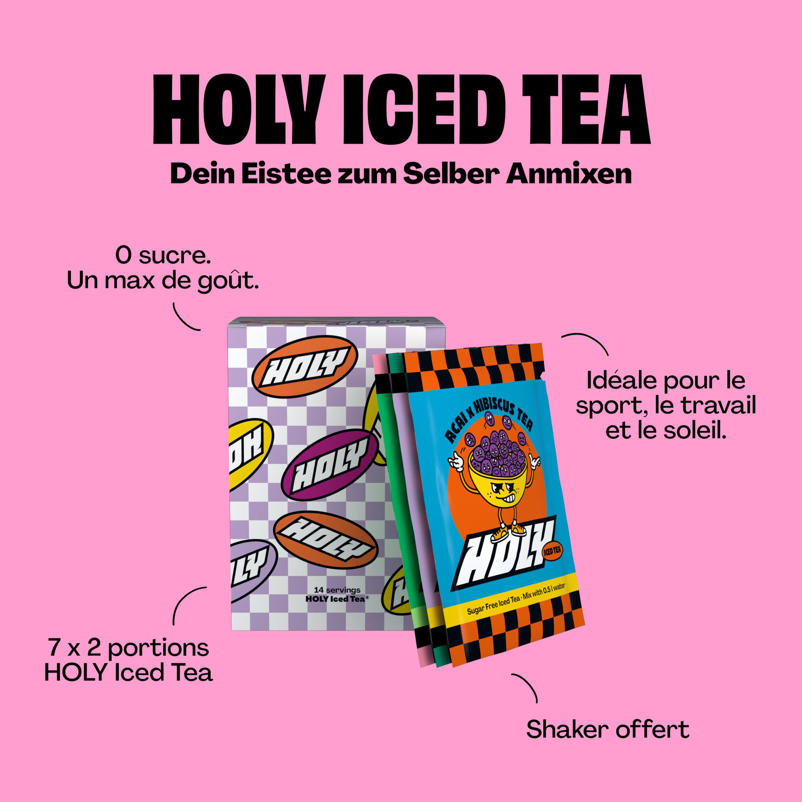 HOLY Iced Tea Kit de démarrage - Thé glacé sans sucre | 2x7 portions au goût naturellement fruité | avec antioxydants | Vegan, à base de vrai thé, arômes de fruits 100% naturels