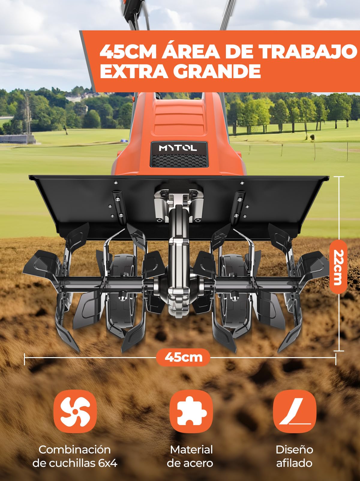 Motoazada 1500W, Ancho de Trabajo 45cm, Profundidad 22cm, Motocultor Ligera con 6×4 Púas de Acero Resistente, Mango Plegable, Doble Botón de Seguridad, Protección contra Sobrecalentamiento