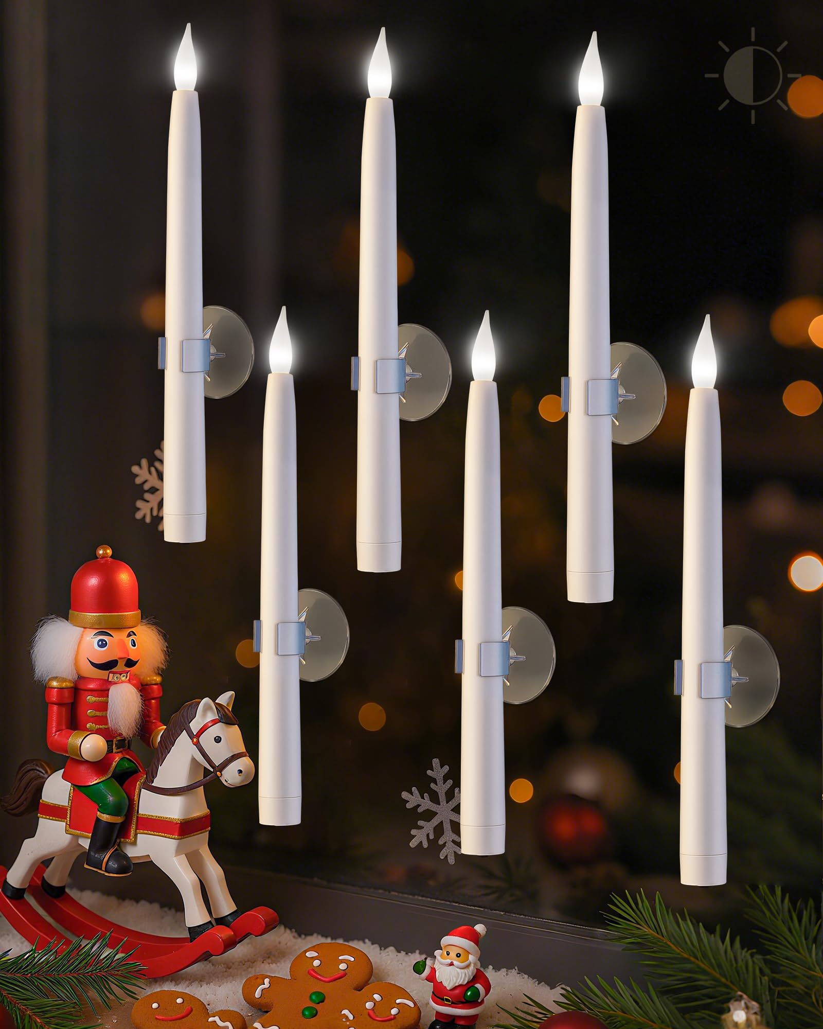 SURAIELEC 10.5'' Battery Window Candles with Suction Cups, Dusk-to-Dawn Window Taper Candles, 5000K Cool White, Flameless LED Candle for Indoor Windows, Halloween and Christmas Decorations, 6 Pack