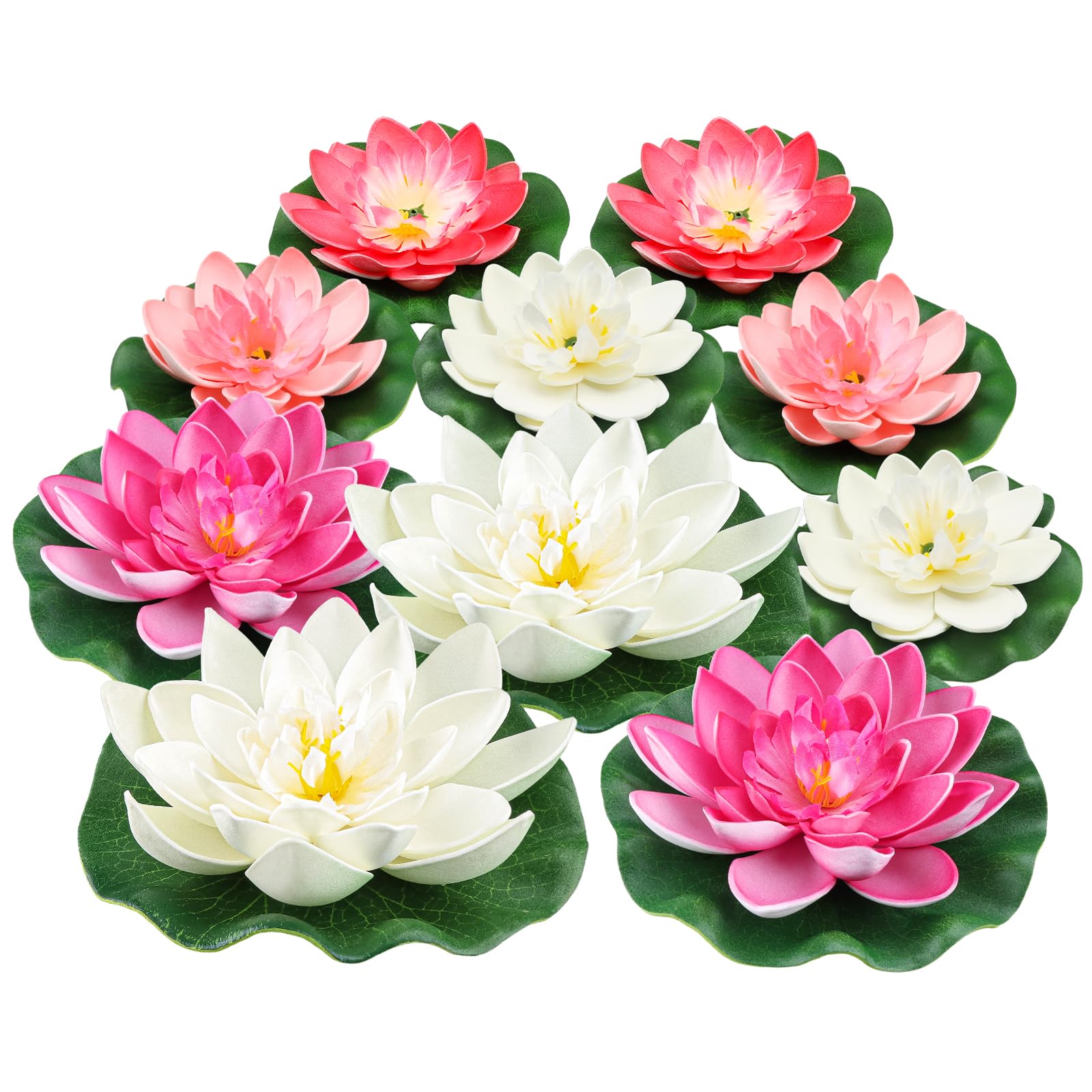 10PCS 3 sizes Artificial Foam Lotus Floating Flowers with Water Lily Pad Ornaments for Home Garden Pond Decor Pools Water Decorations, Pink and white
