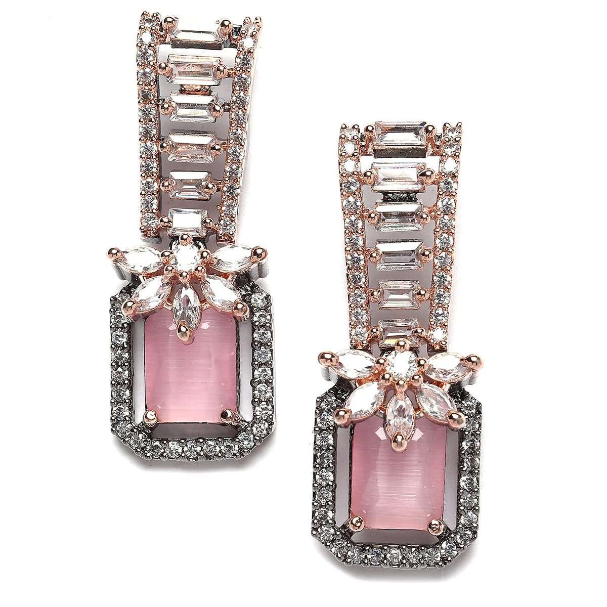 Karatcart Black Rose Gold Plated Pink American Diamond Drop Earrings for Women