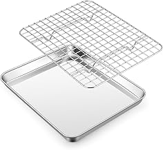 Homikit Backblech mit Auskühlgitter Set, Edelstahl Klein Rechteckig Backform Ofenblech und Abkühlgitter zum Backen Braten Servieren, 26,5x20,5x2,5cm, Gesund & Spülmaschinenfest