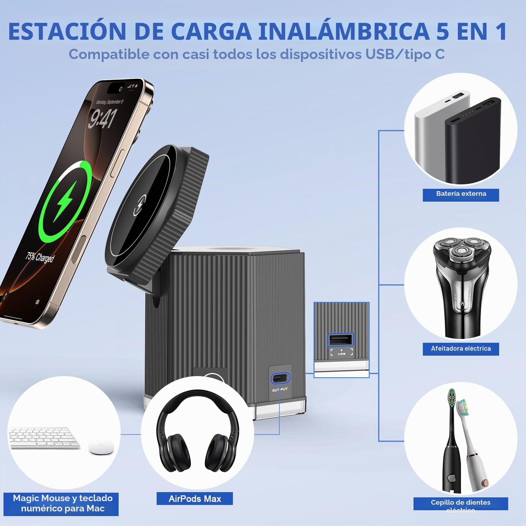 SERUW Estación de carga 5 en 1 para cargador magnético de Apple iPhone, soporte de carga inalámbrico rápido (1 USB y 2 tipo C) para iPhone 16, 15, 14, 13, 12 Series, Apple Watch, AirPods