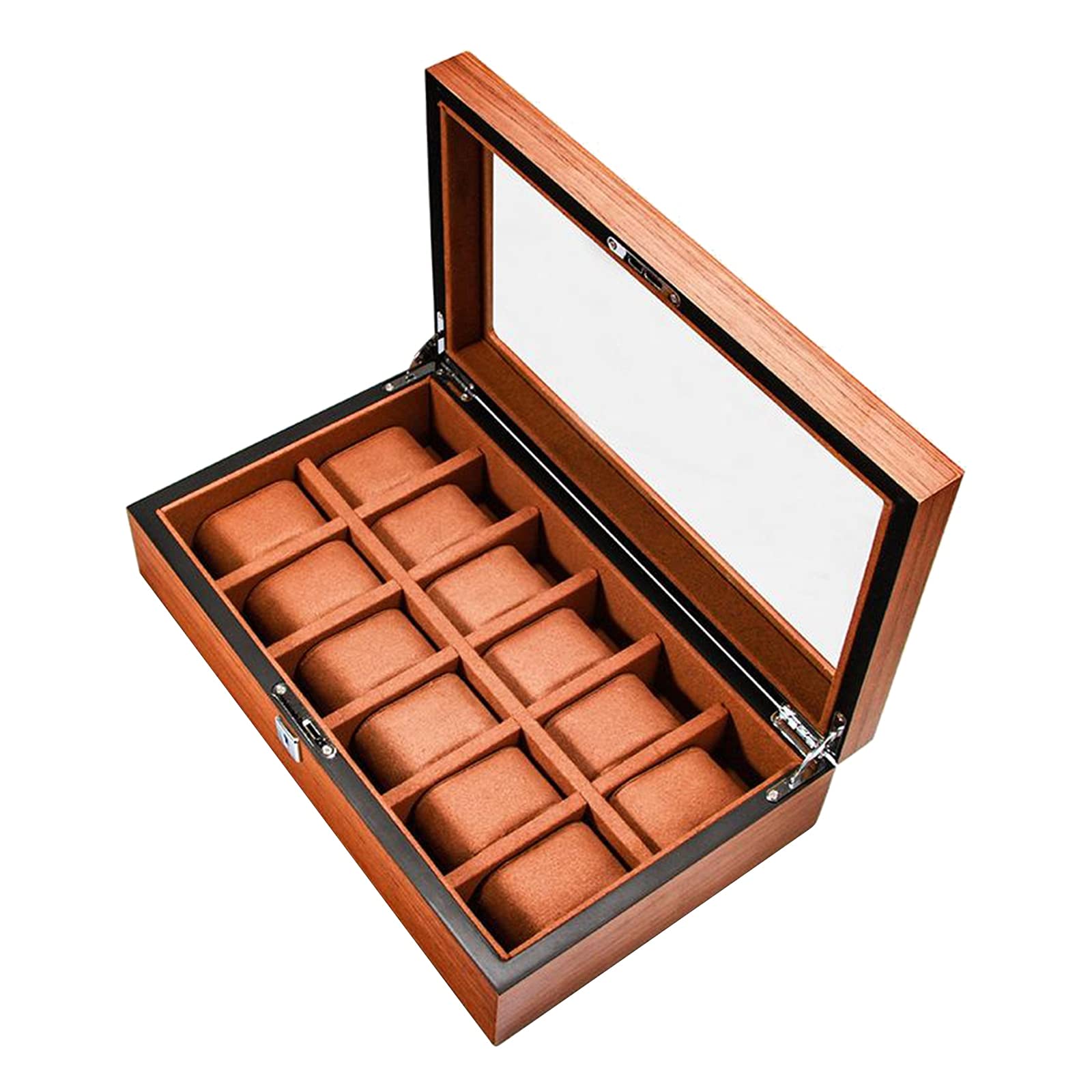 Boîte à bijoux 12 slots en bois avec couvercle en verre HU803