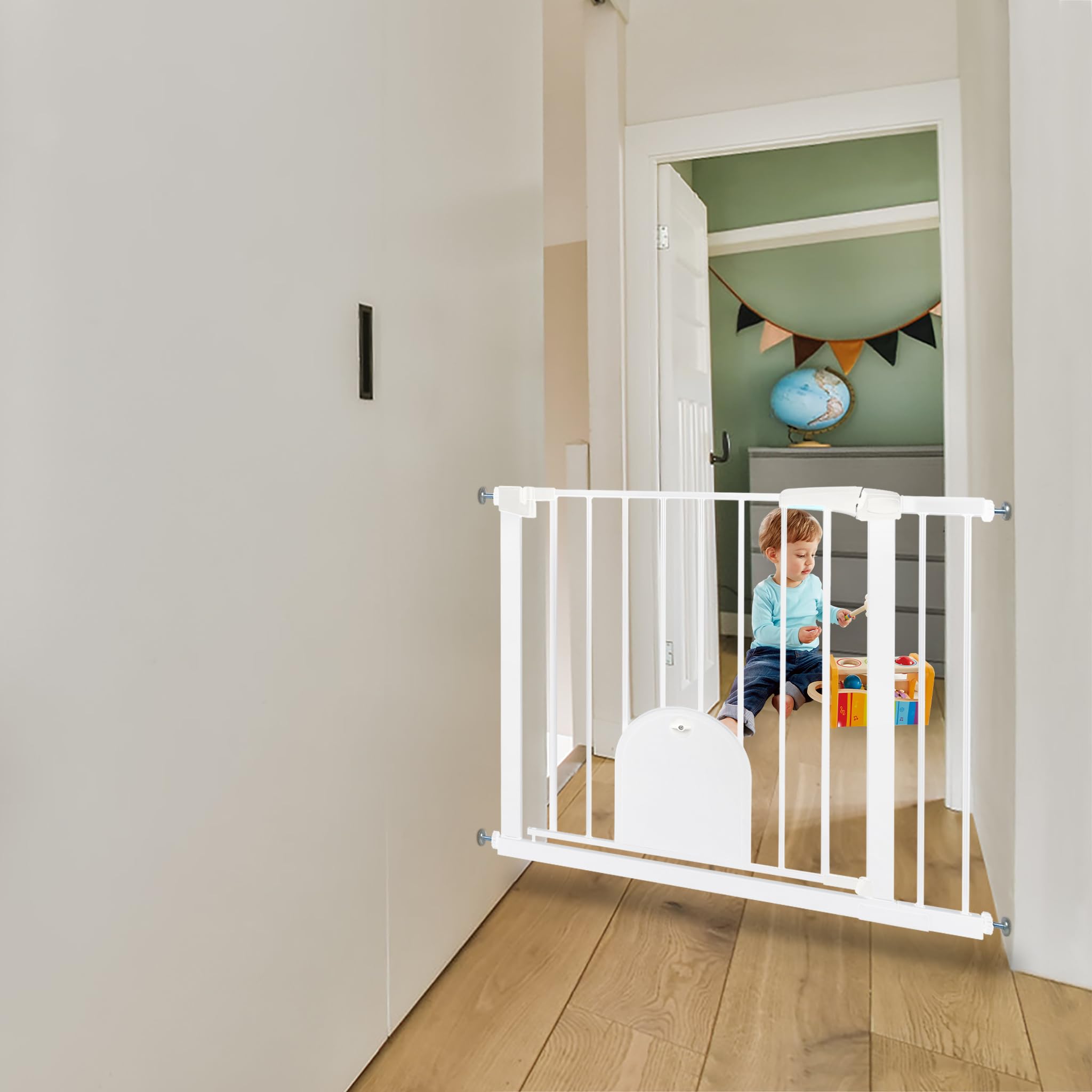 FIVMEN Barrera de Seguridad para Puerta y Escalera Puerta de Seguridad para Bebés Sin Perforaciones Cierre Automático Valla Seguridad Infantil con Puerta para Perros y Gatos, 85-95 cm Blanco