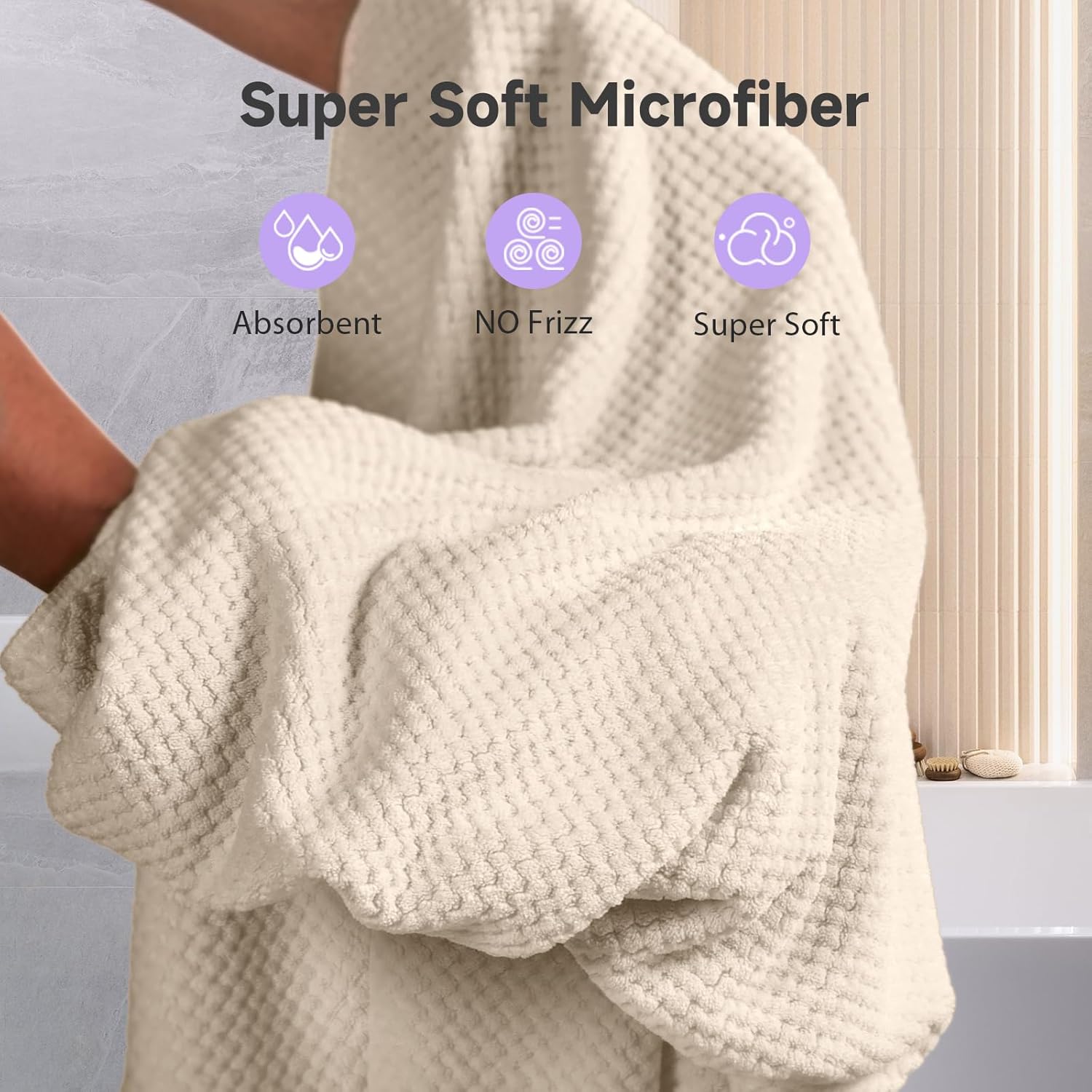 Extra Large Microfiber Hair Towel for Women Curly, Long, Thick Hair, 2 Pack Ultra Absorbent Hair Drying Towel Wrap, Super Soft Anti Frizz Hair Turban with Elastic Loop (Grey, Camel)