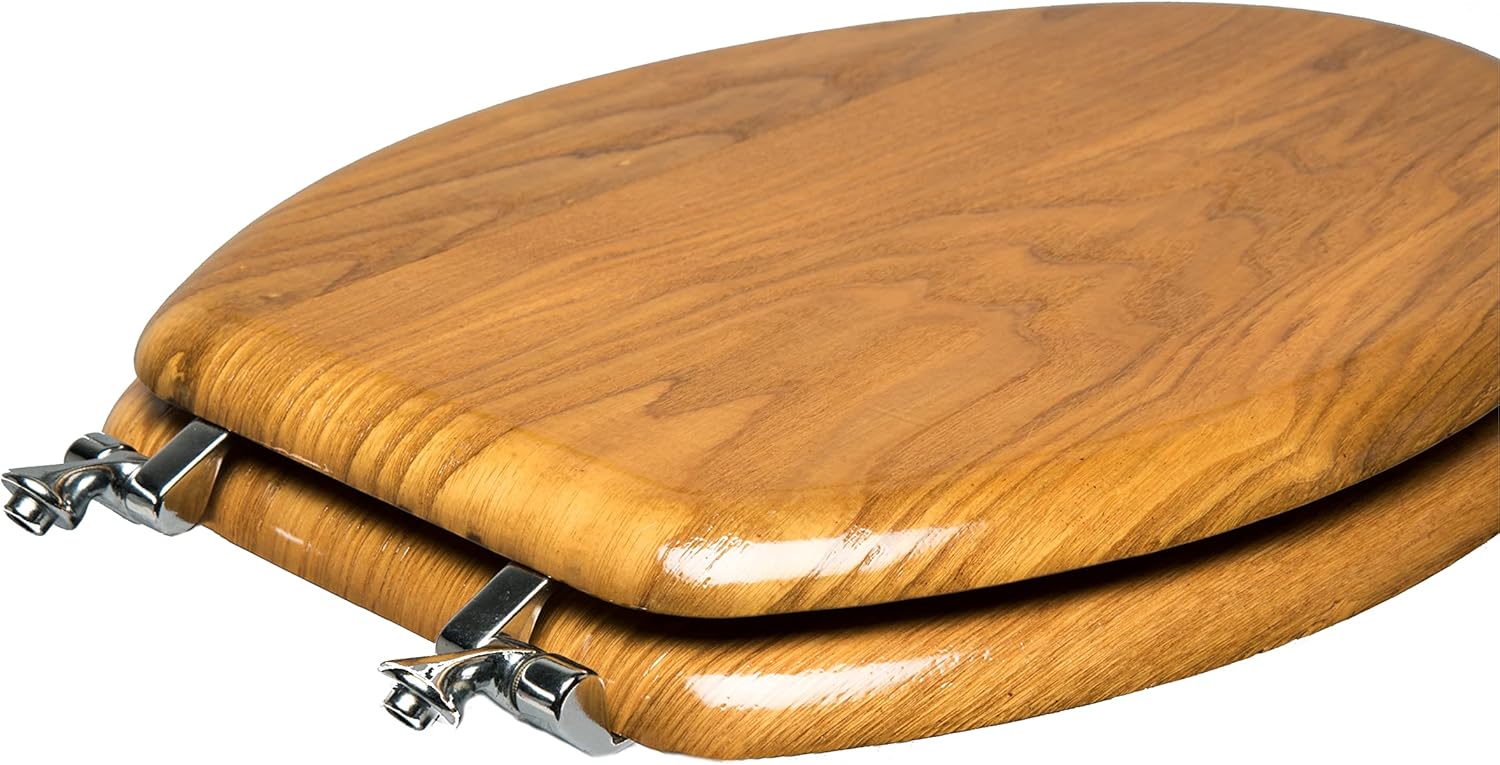 5Q1E4-17CH Natural Wood Toilet Seat with Decorative Finish Wood and Metal Single Post Hinge, Elongated, Light Oak with Chrome