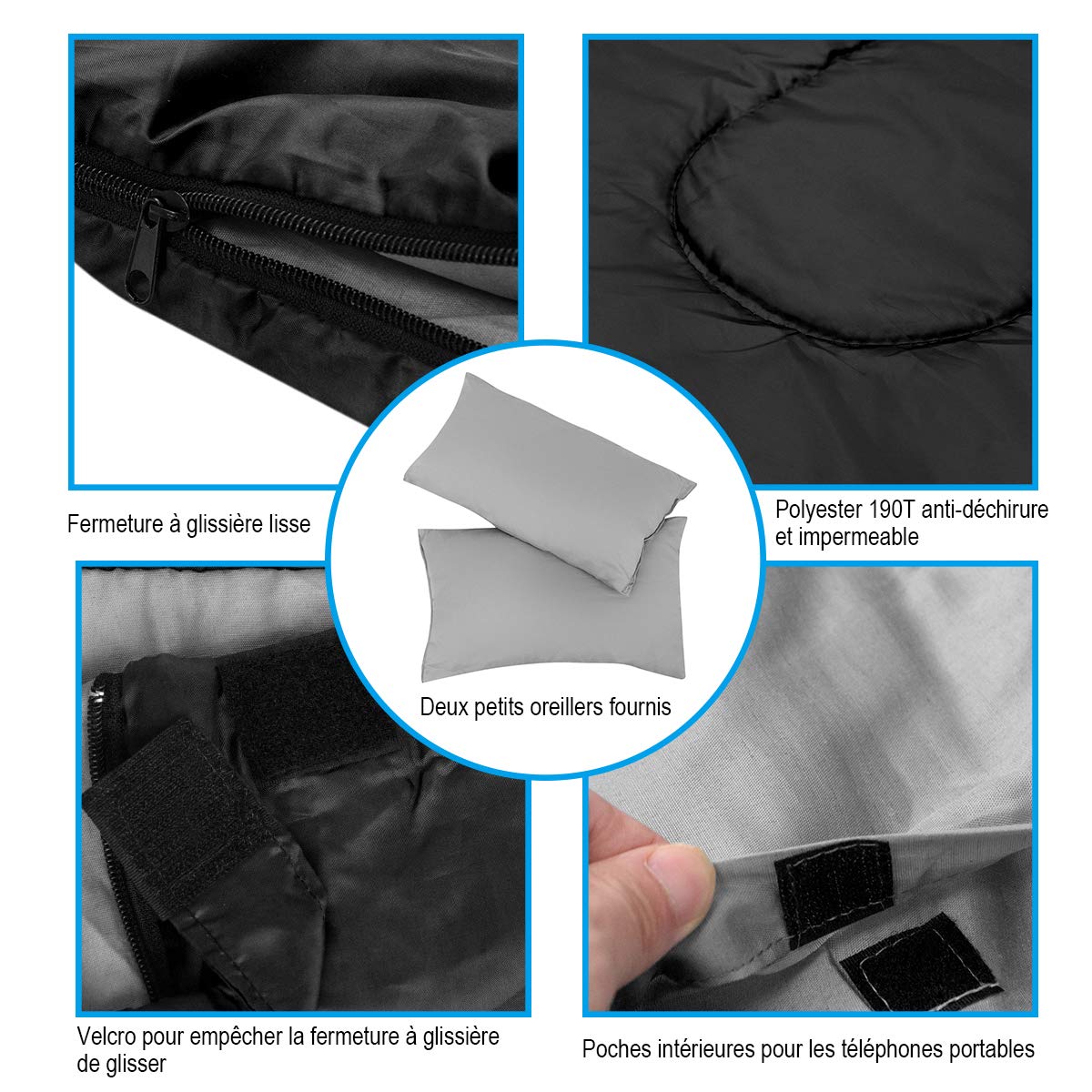 COSTWAY Sac de Couchage pour 2 Personnes avec 2 Oreillers Résistant au Vent et Imperméable Idéal pour la Randonnée, Les Voyages, Le Camping, et Les Activités Extérieures