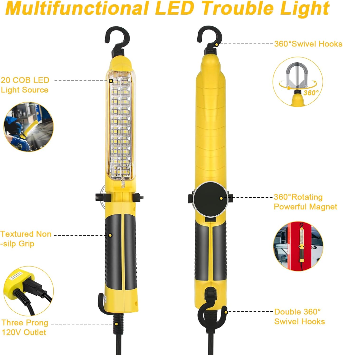 LED Trouble Light (25FT), Handheld Corded Work Lights with Strong Magnet, Double Swivel Hook, ETL Listed, 16 AWG Drop Light Suitable for Car Repair, Garage, Machinery and Workshop