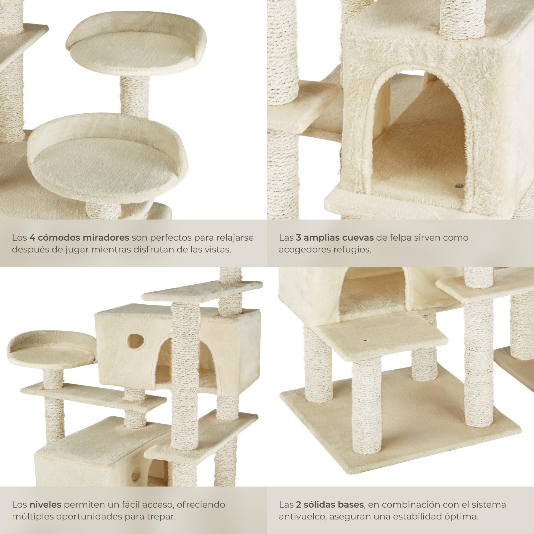 tectake® Albero Tiragraffi per Gatti con 4 Piattaforme, 4 Casette Accoglienti, Tiragraffi Gatto con Diversi Piani di Gioco, 2 Piastre di Base, Colonne in Sisal - Beige