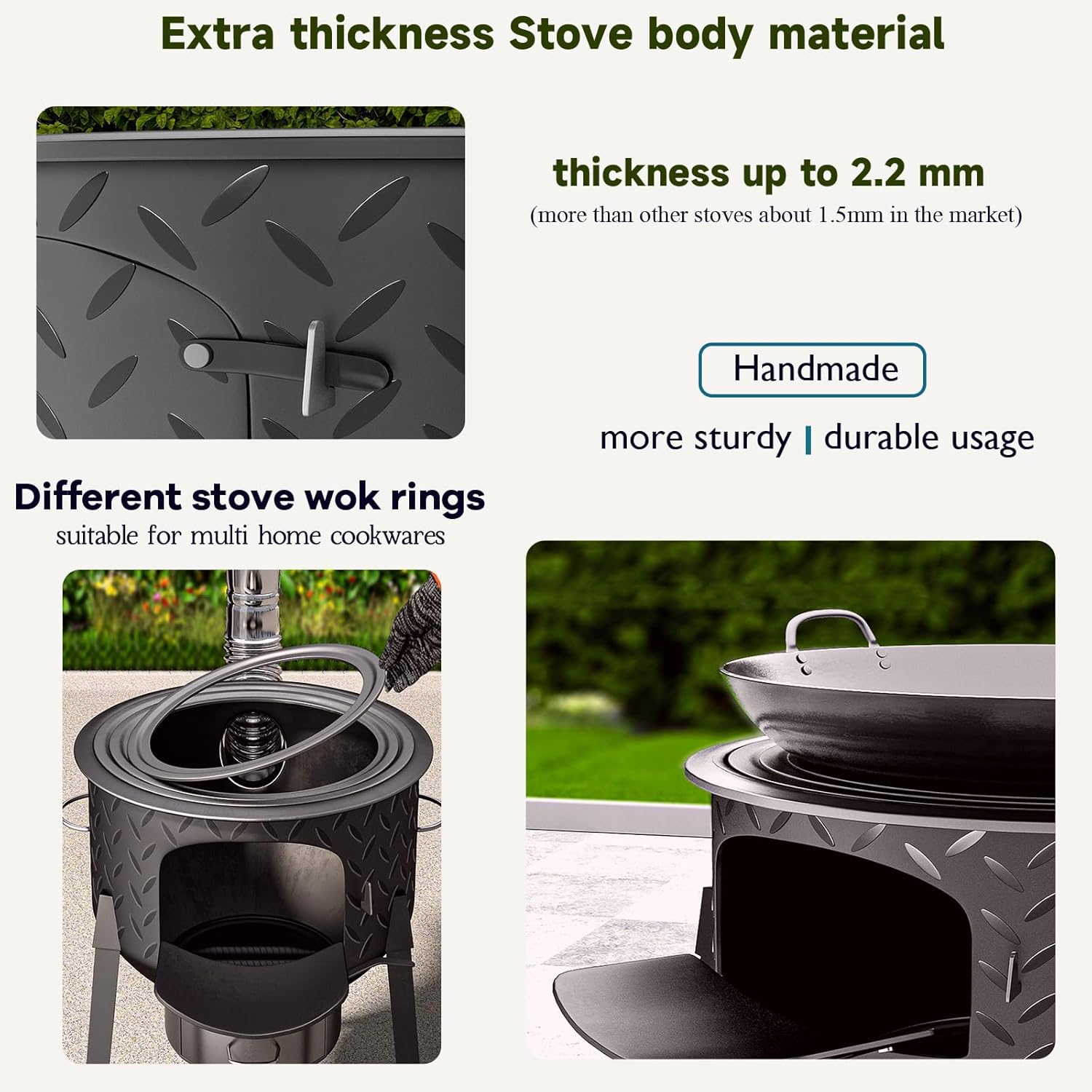 Multifunction Wood Burning Stove, 2.2mm Diamond-Pattern Steel Portable Grill,Rocket Stove with Large Grill Rack for Outdoor Cooking, Backyard, Camping & Off-Grid Living