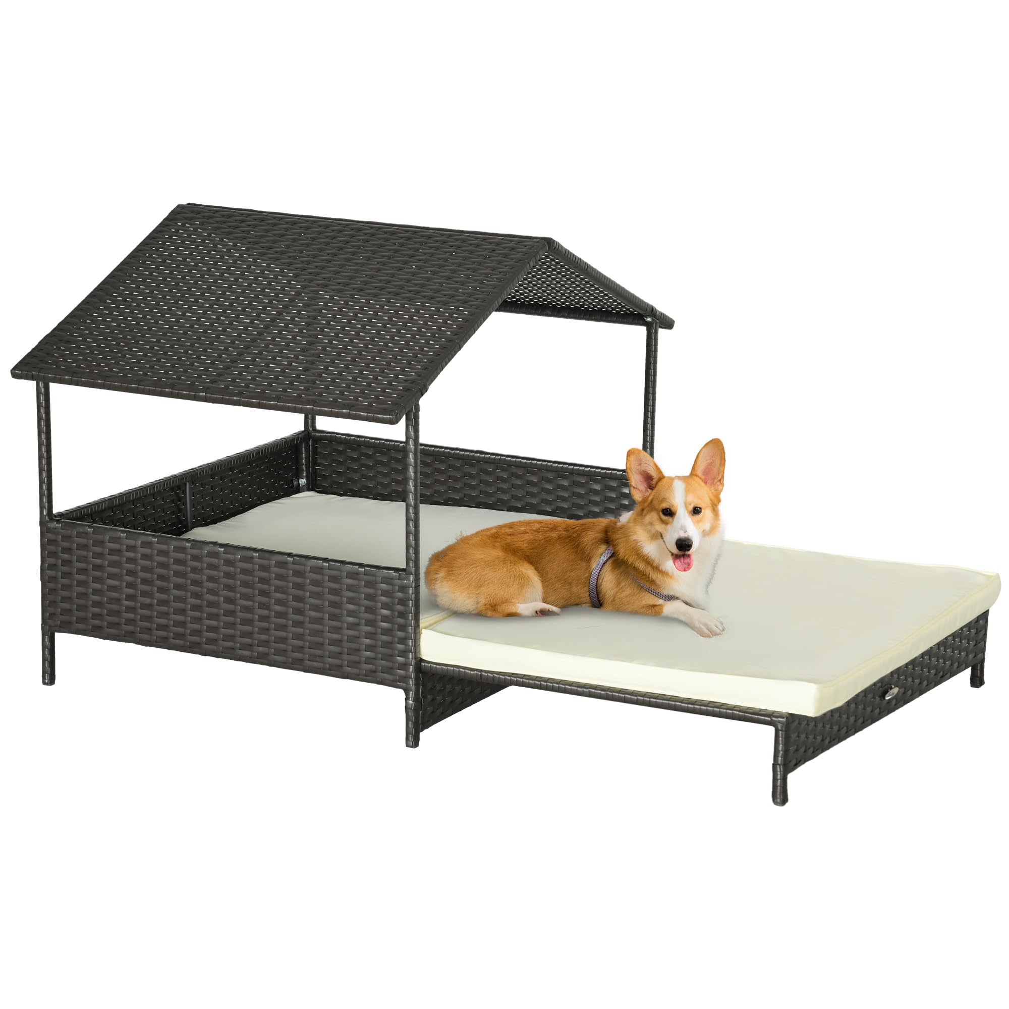 PawHut Rattan Dog House, Extendable Outdoor Wicker Dog Bed w/Water-Resistant Roof, Removable Cushion, for Small and Medium Dogs - Cream White โ image 1