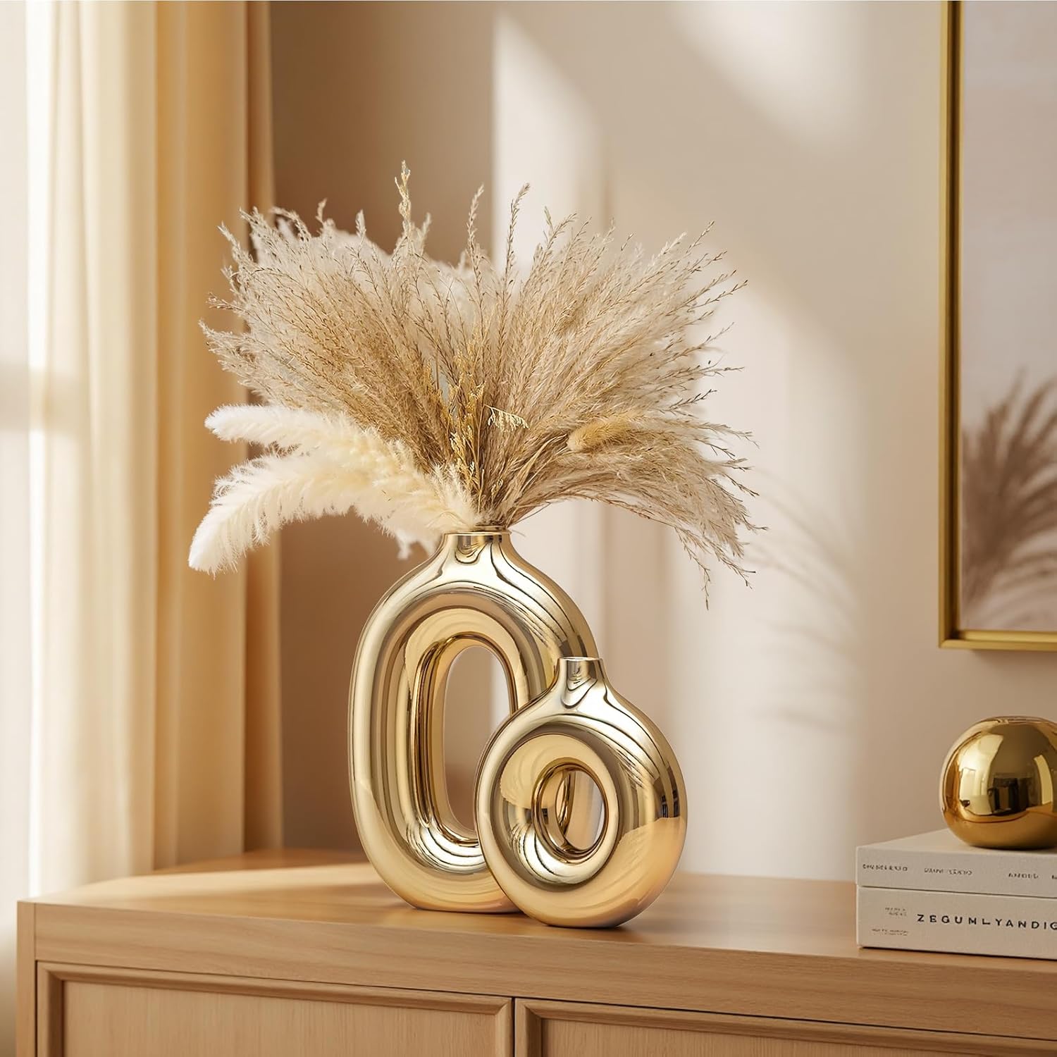 Gold Ceramic Vase Home Decor,Mid Century Modern Centerpiece Table Decorations,Oval and Round Flower vases with Hole for Pampas Grass,Bookshelf,Fireplace Mantle,Farmhouse,Rustic Décor