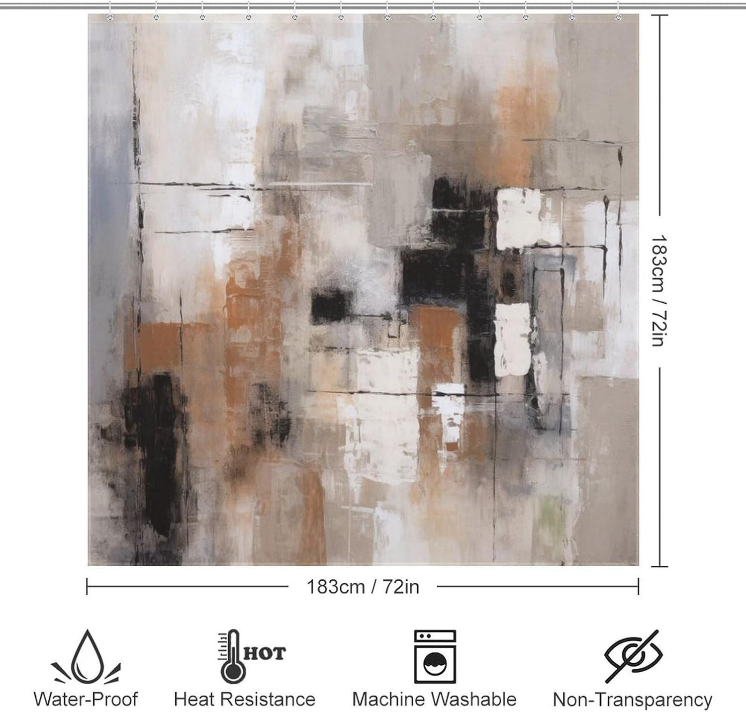 Oil Painting Abstract Shower Curtain for Bathroom, Brown Black Grey White Reflection Boho Shower Curtain Set, Brush Strokes Fabric Modern Waterproof Bathroom Decor with 12 Hooks 72x72in M
