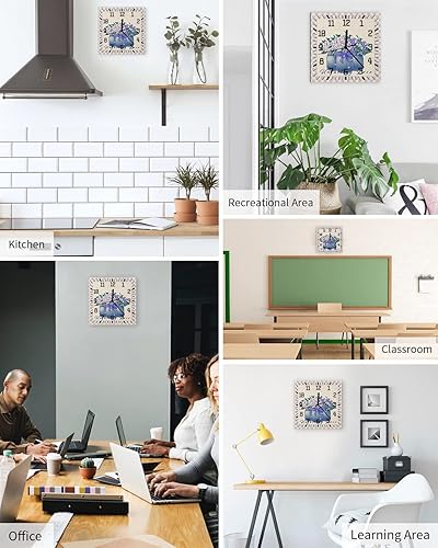 Miniatura 5 de Purple Florals Vase Wooden Wall Clock Silent Non Ticking, Retro Farmhouse Purple Buffalo Plaid Square Wall Clock Battery Operated, Decor Clock for