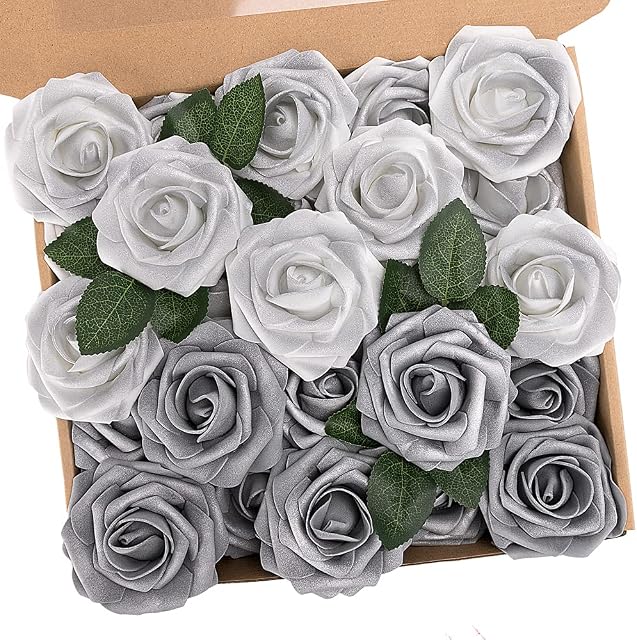 N&T NIETING Artificial Flowers Roses, 25pcs Real Touch Artificial Foam Roses DIY for Wedding Bridal Bouquets, Valentine's Day, Mother's Day, Baby Shower, Home Decoration