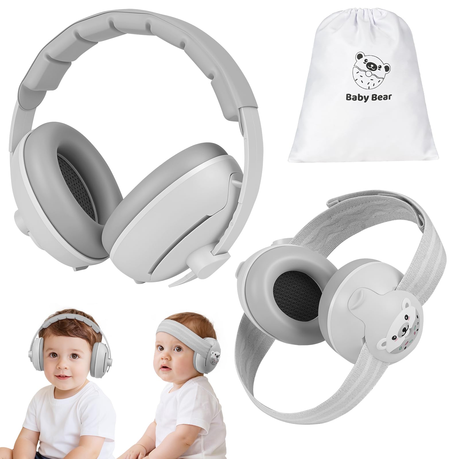 Cuffie antirumore 2 in 1 per bambini, antiscivolo, con cancellazione del rumore, ultra morbide e regolabili fino a 0-48 mesi, protezione dell'udito per dormire e viaggiare