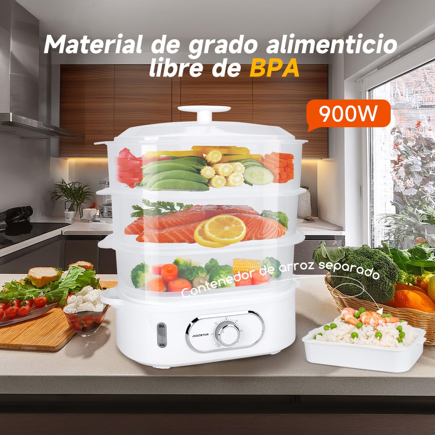Aigostar Vaporera Eléctrica 12L, Vaporera con 3 Recipientes Apilables, Soporte Para Cocinar Huevos, Temporizador 60 Minutos, Recipiente Para Cocinar arroz, Sin BPA, 900 W