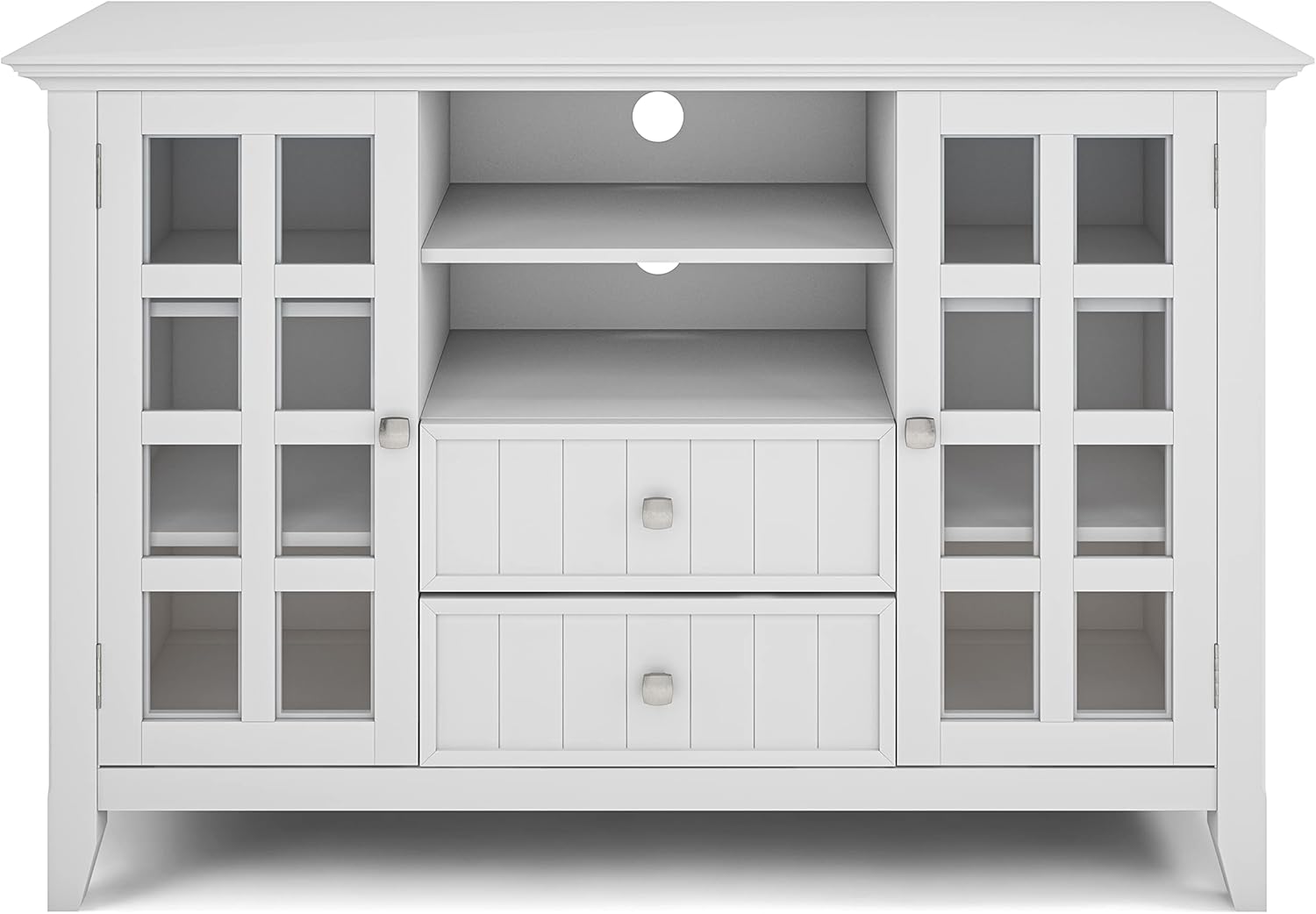 SIMPLIHOME Acadian TV Stand - 53 inch Wide Solid Wood Tall Media Console in White, Transitional Entertainment Center for Living Room for TVs up to 60 Inches with Glass Cabinets and Cord Management