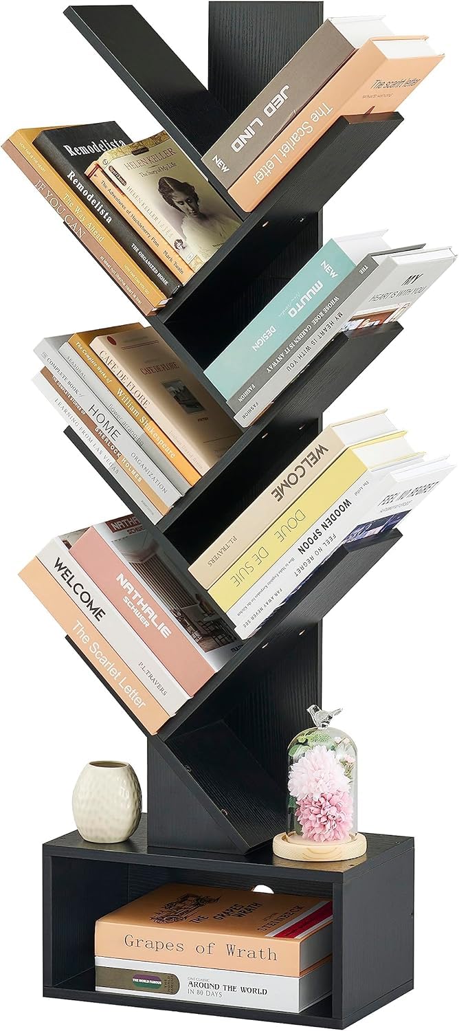 Hoctieon 6 Tier Tree Bookshelf, Tall Bookcase, Freestanding Book Shelf with LED Lights, Display Floor Standing Storage Shelf, Book Organizer Shelves for Home Office, Living Room, Rustic Brown