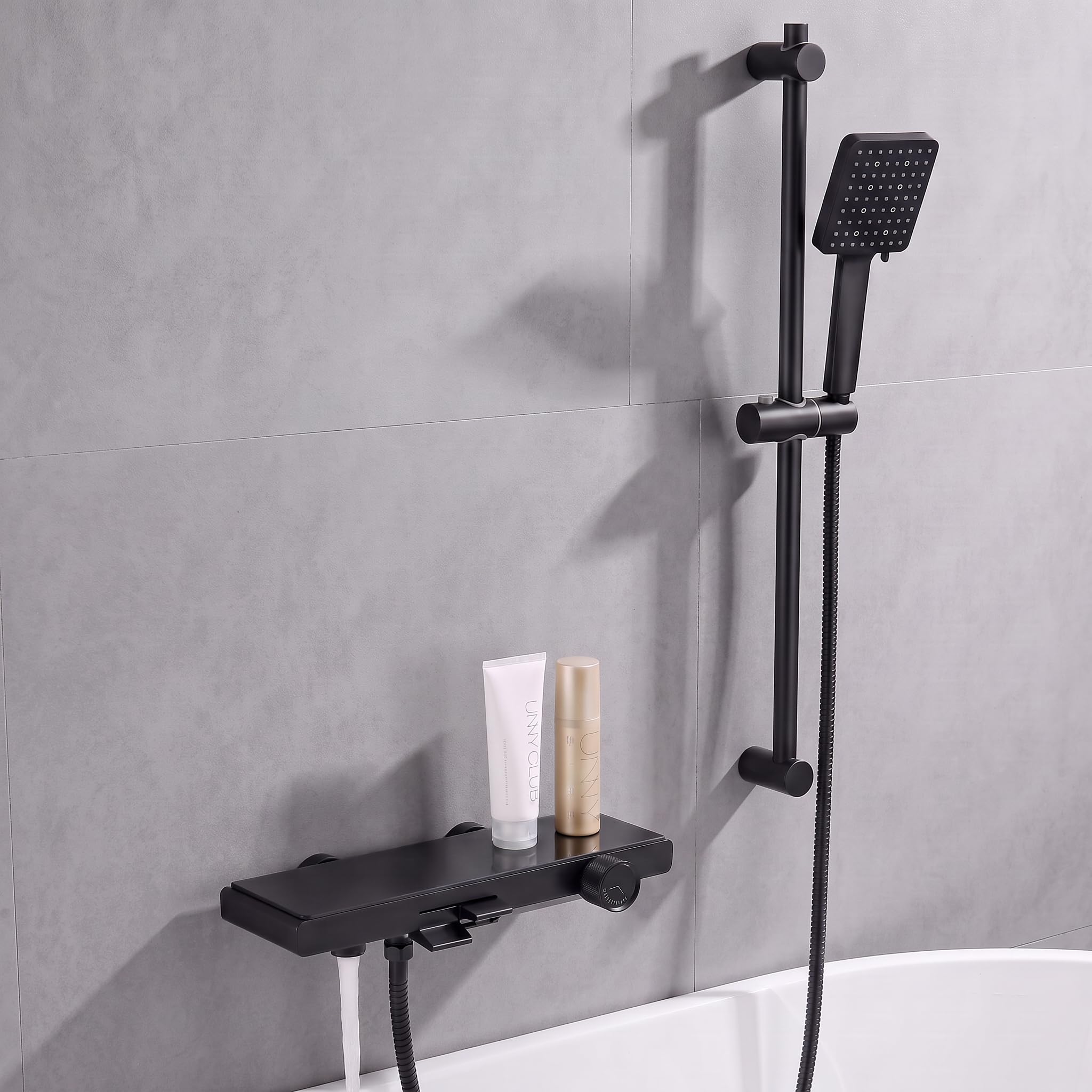 Auralum Colonna Doccia con Miscelatore può Essere Usata Come Mensola Doccia, Rubinetto Vasca da Bagno con 70cm Saliscendi Doccia e Soffione Doccia 6 Geti, Miscelatore Vasca da Bagno da Muro, Nero