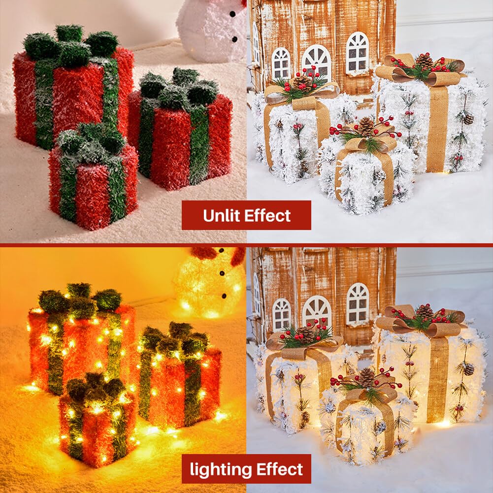 Scatole regalo natalizie illuminate, decorazioni con fiocchi di neve, scatola regalo con fiocco, scatola regalo con stringa per lampada, ornamento per albero di Natale, decorazione per interni ed
