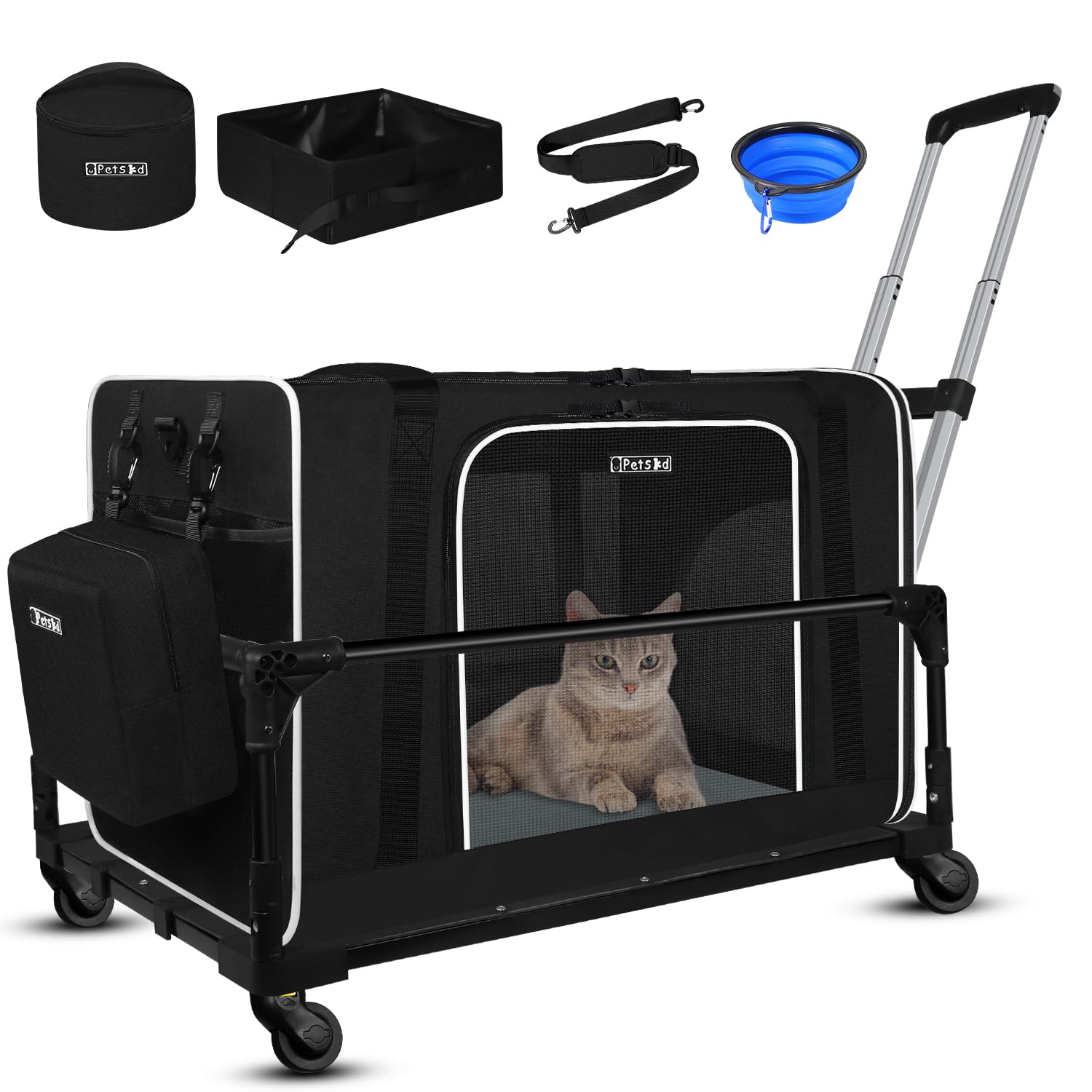 petskd extra large cat carrier with wheels and litter box 24"x17"x17" for large cat or 2 small cats, soft-sided cat carrier with lockable safety zippers(black)