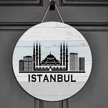 Welcome Sign Turkey Istanbul Round Wooden Signs City Landscape Silhouette Sign City View Scenery Classic Hanging Wall Signs for Home Kitchen Living Room Table Housewarming Gift 16x16in