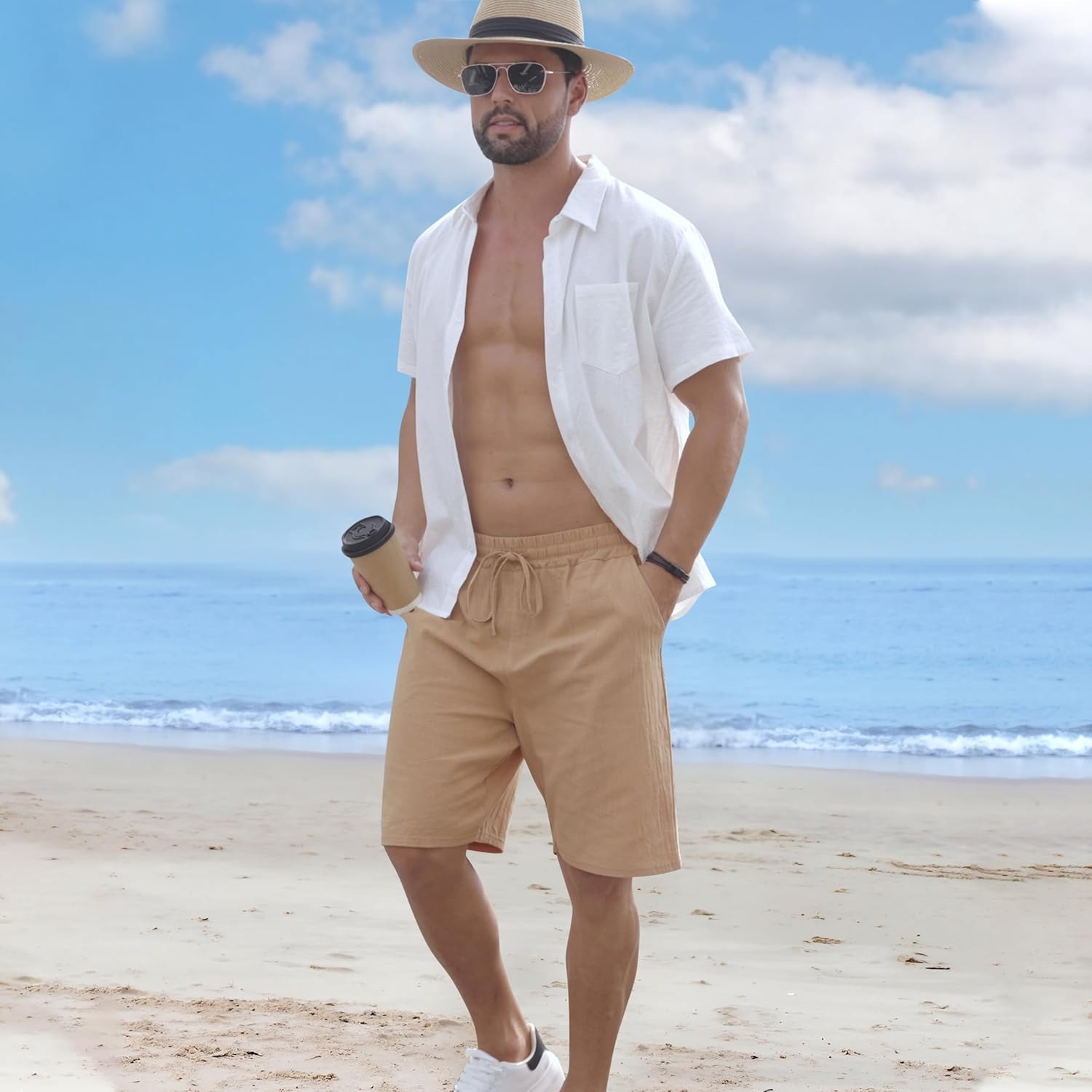 Mens Linen Shorts Casual Drawstring Elastic Waist Lightweight Breathable Summer Beach Shorts for Men - Image 4